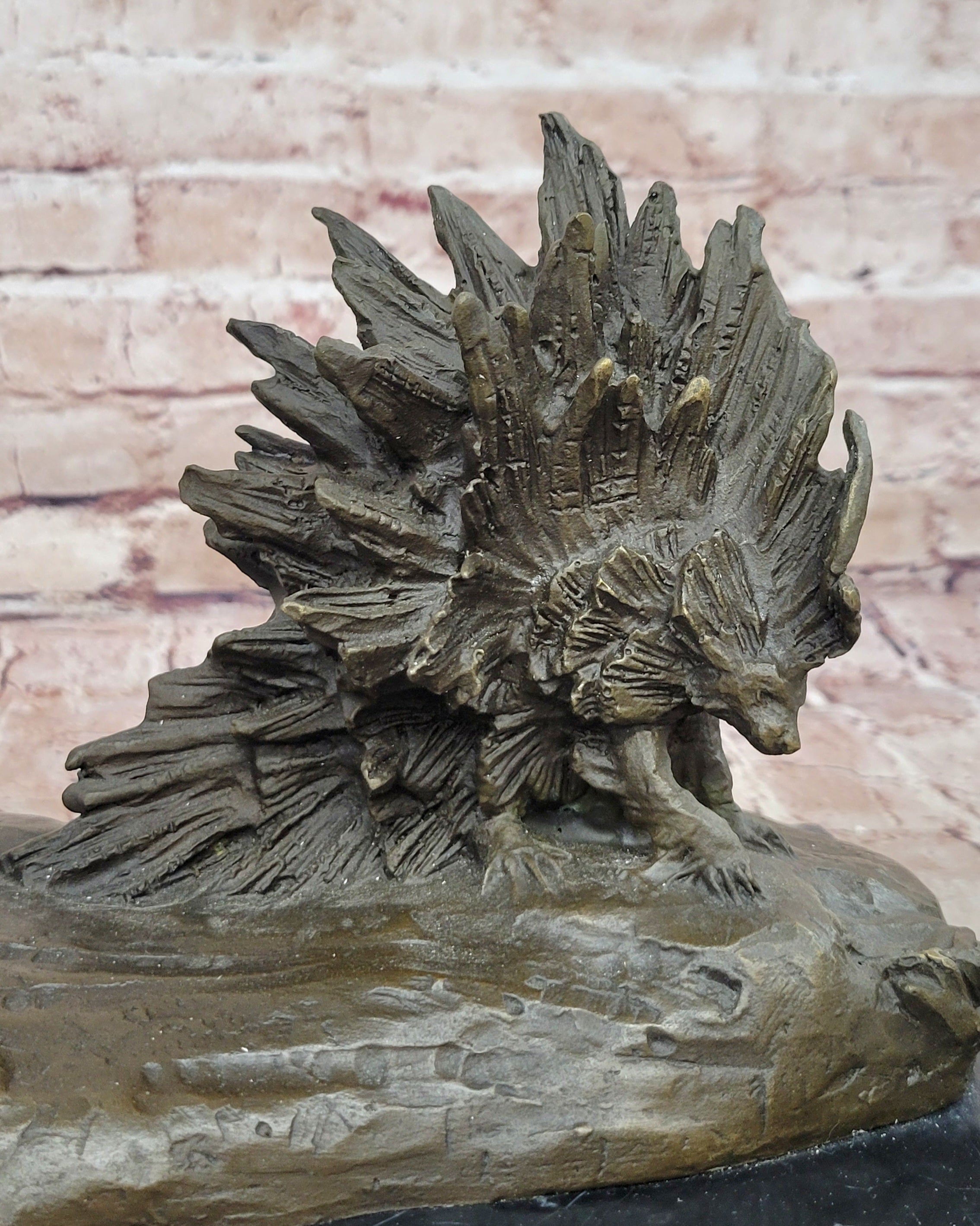 Lion vs. Porcupine Bronze Statue Sculpture Wildlife Art Decor on Marble Base