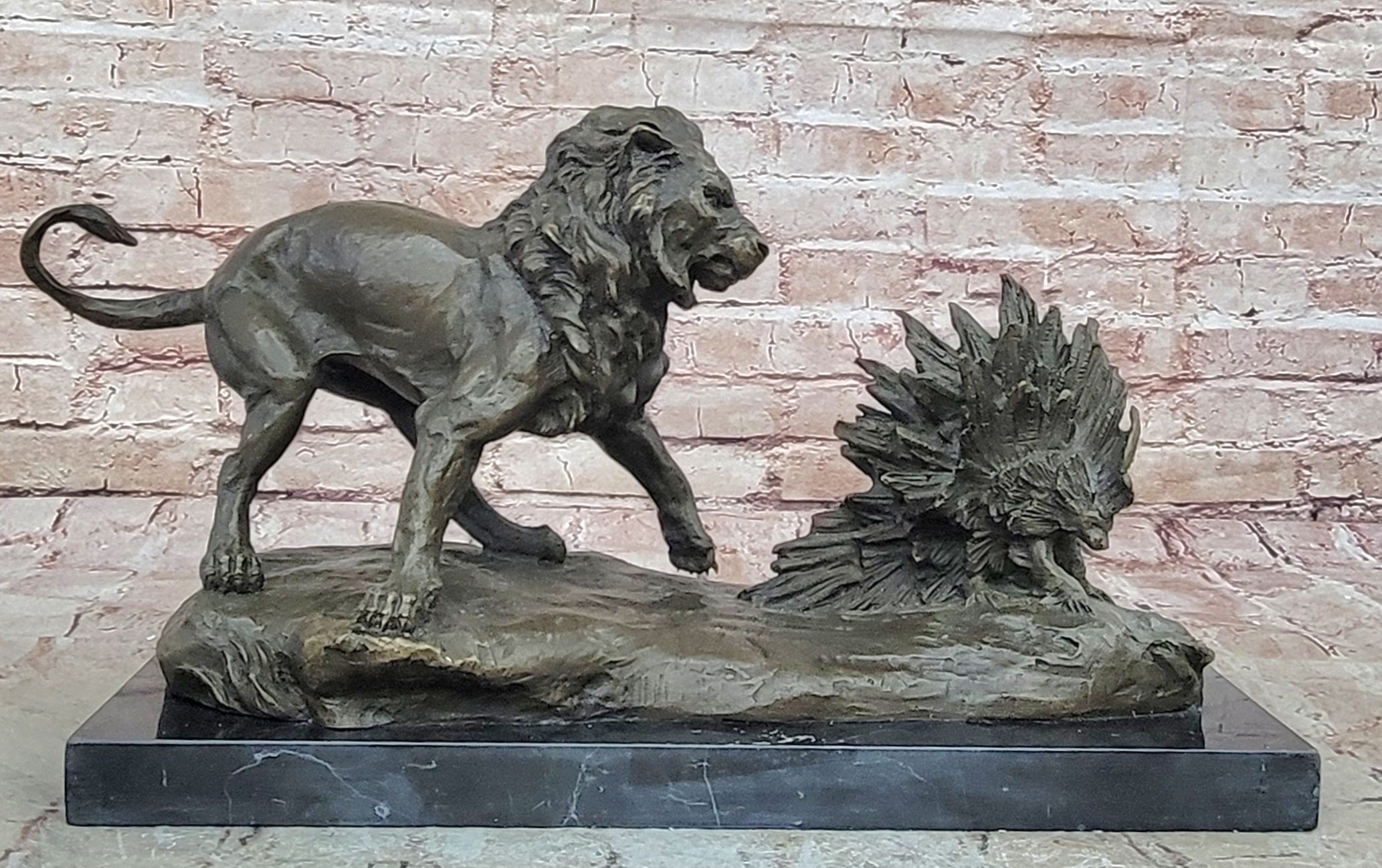 Lion vs. Porcupine Bronze Statue Sculpture Wildlife Art Decor on Marble Base
