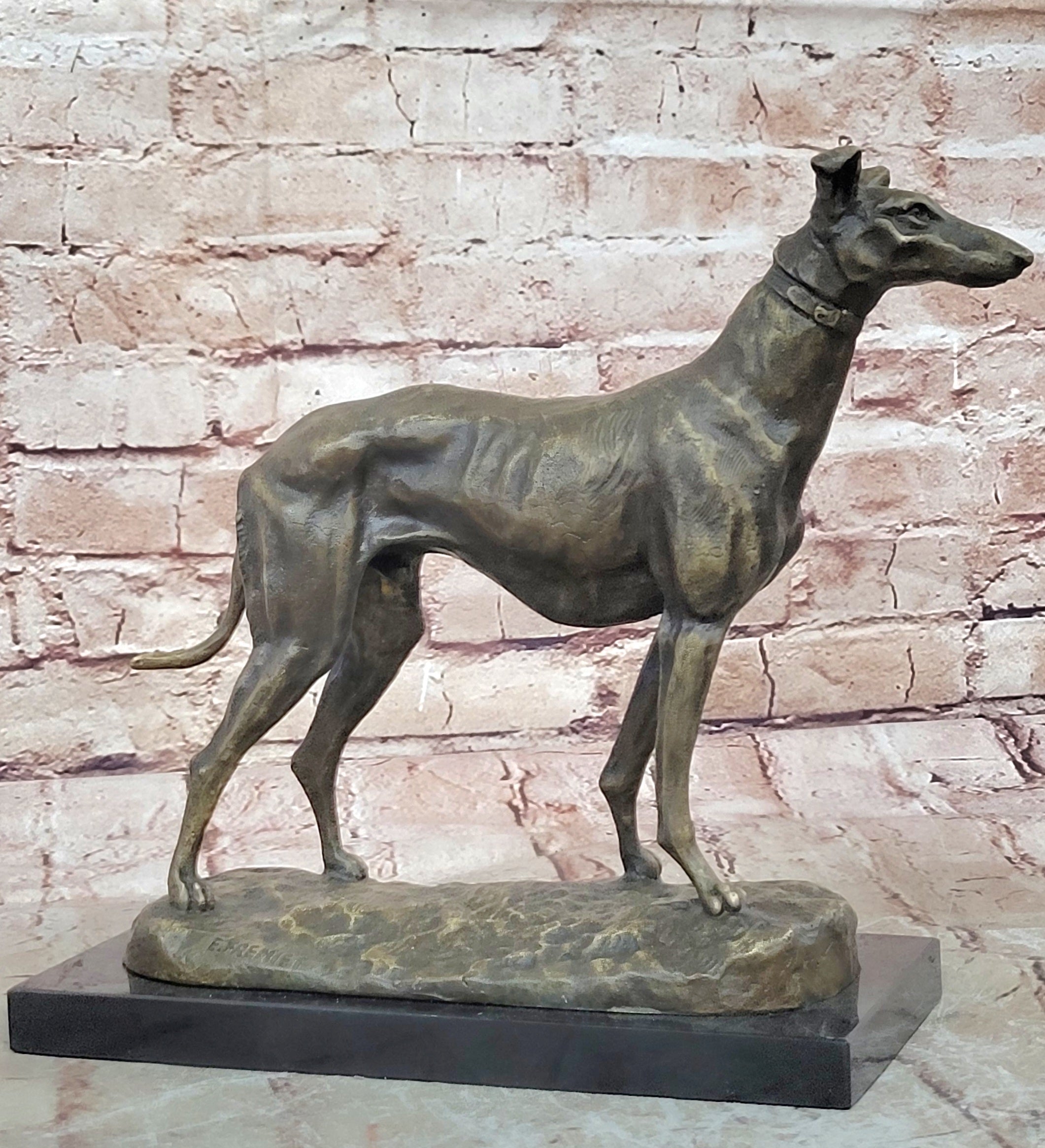 Greyhound Dog Bronze Metal Statue Sculpture Figure on Marble Base by Fremiet