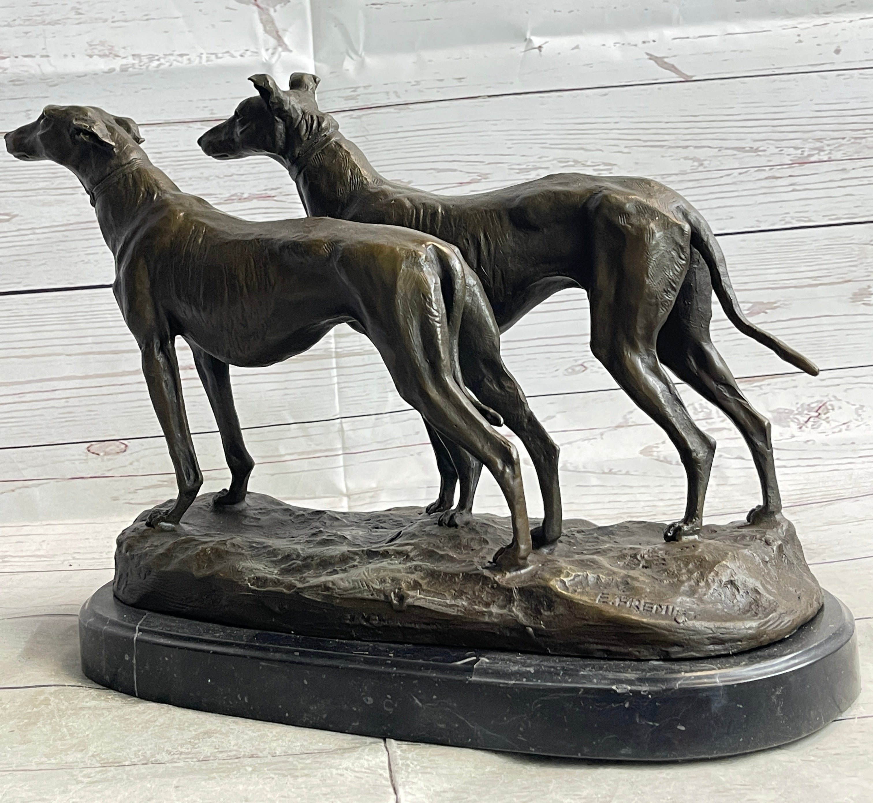 Pair of Greyhounds - Two Slender Racing Dogs Handmade Bronze Sculpture by Fremiet