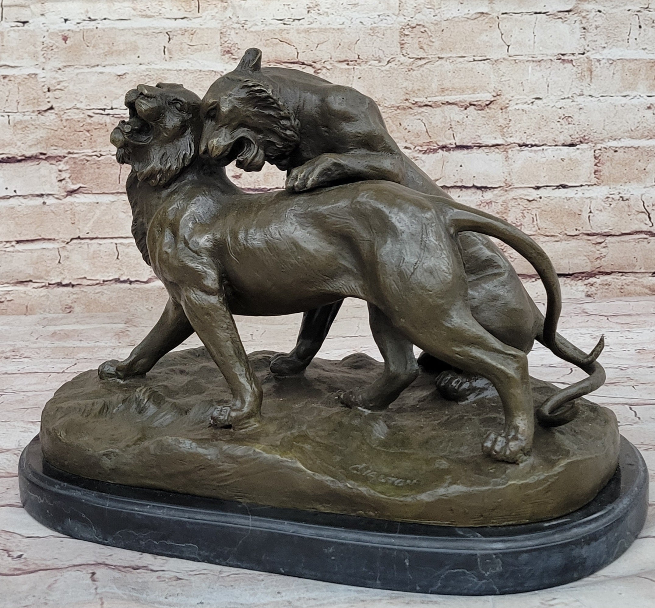 Charles Valton - Preludes to Love - Bronze Sculpture of Two Tigers on Marble Base