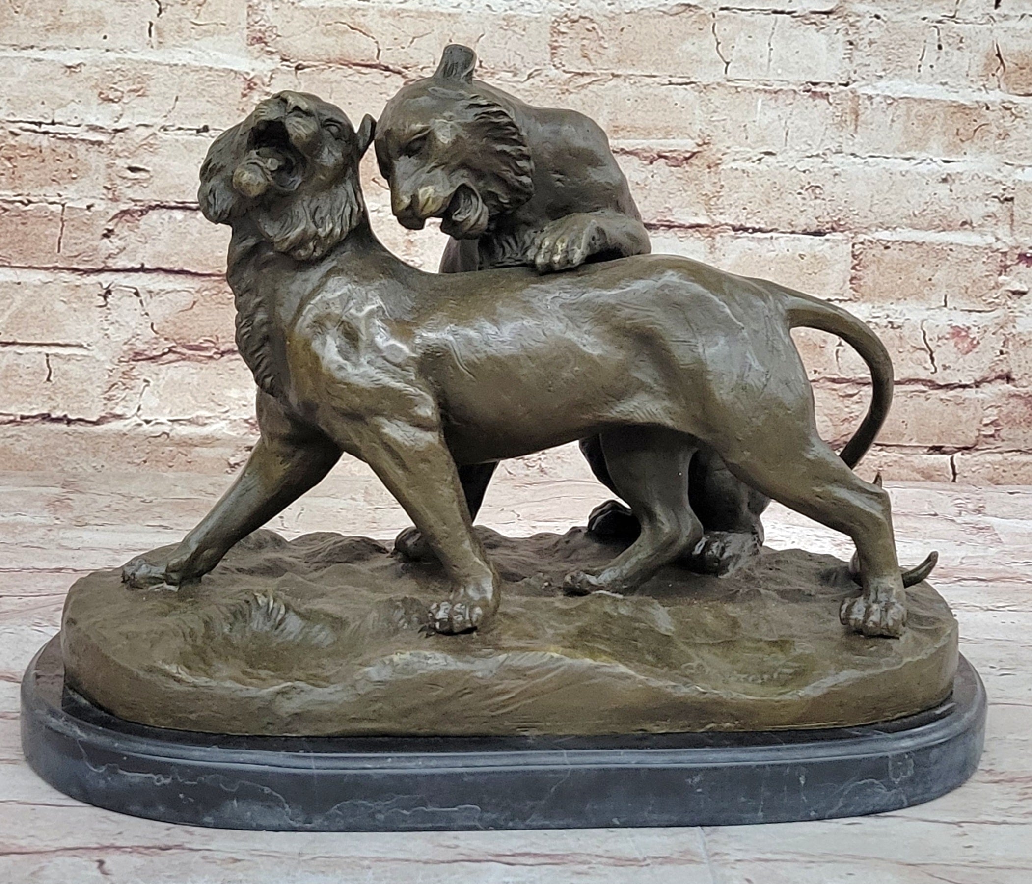 Charles Valton - Preludes to Love - Bronze Sculpture of Two Tigers on Marble Base