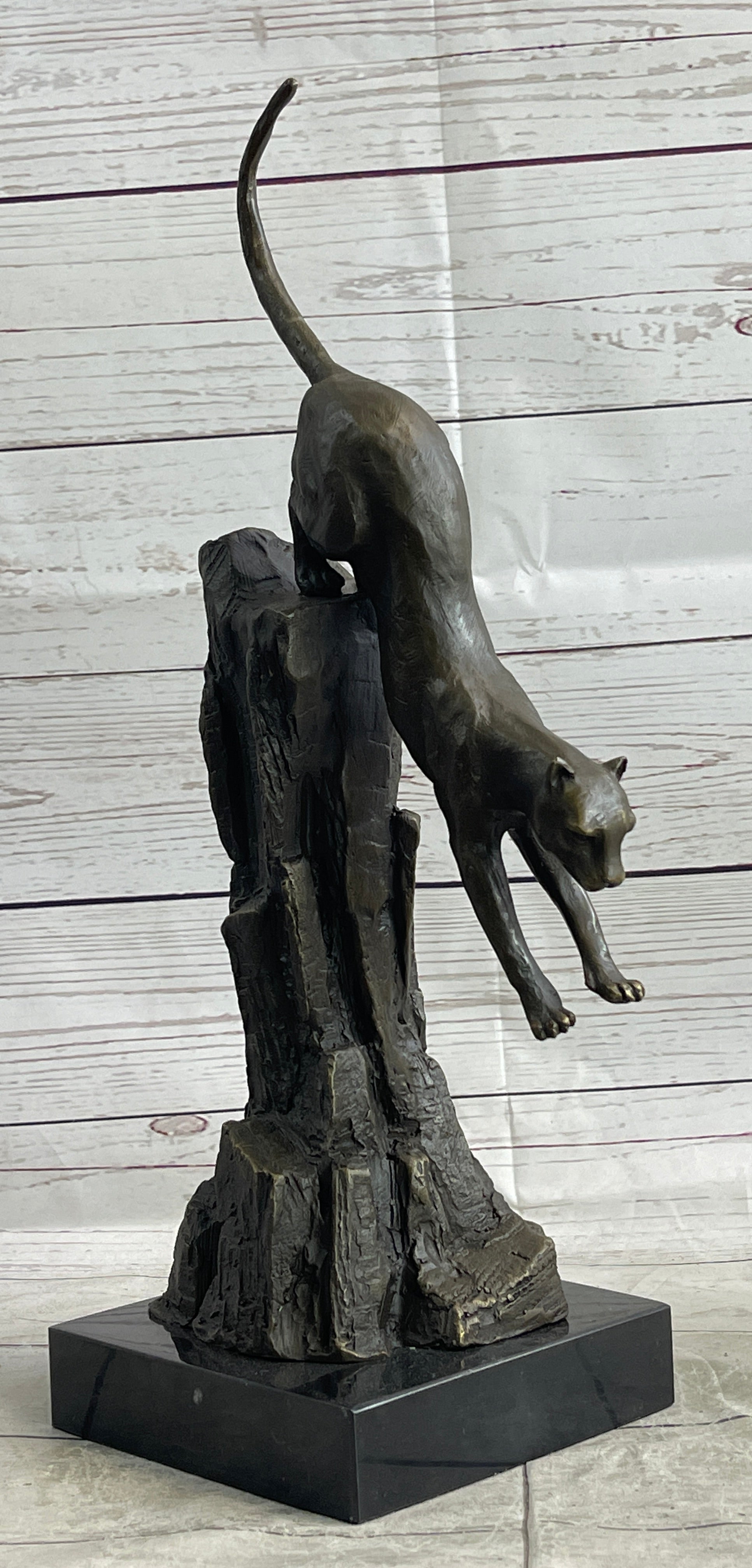 Panther Cougar Mountain Lion Cat Leaping Pouncing Down Bronze Sculpture Statue Art