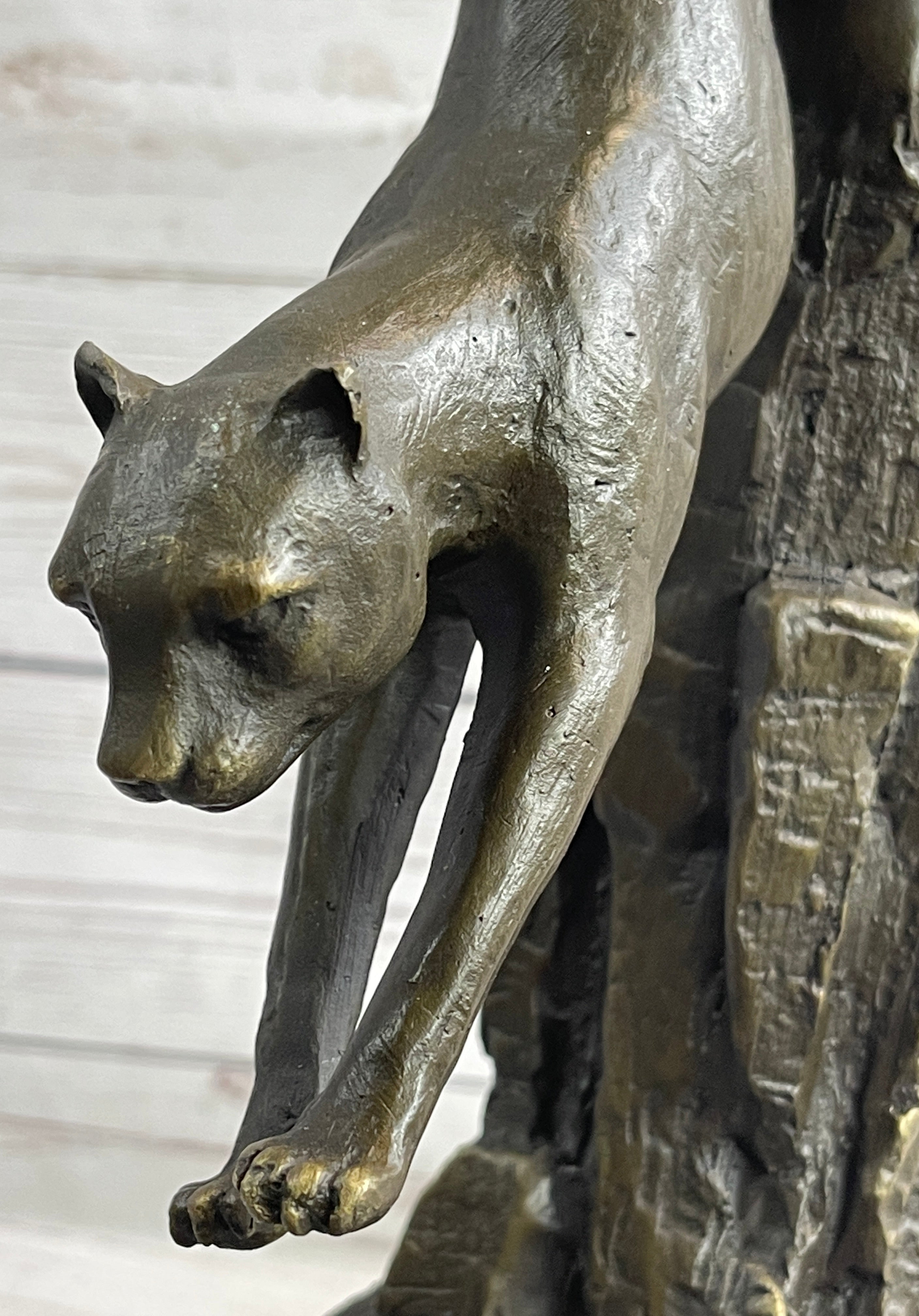 Panther Cougar Mountain Lion Cat Leaping Pouncing Down Bronze Sculpture Statue Art