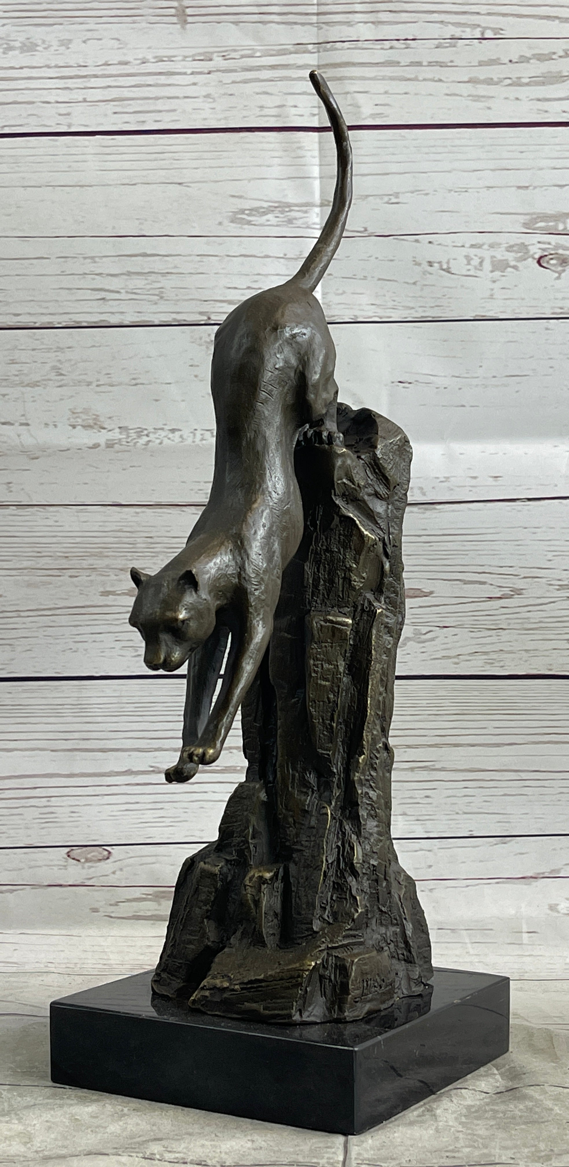 Panther Cougar Mountain Lion Cat Leaping Pouncing Down Bronze Sculpture Statue Art