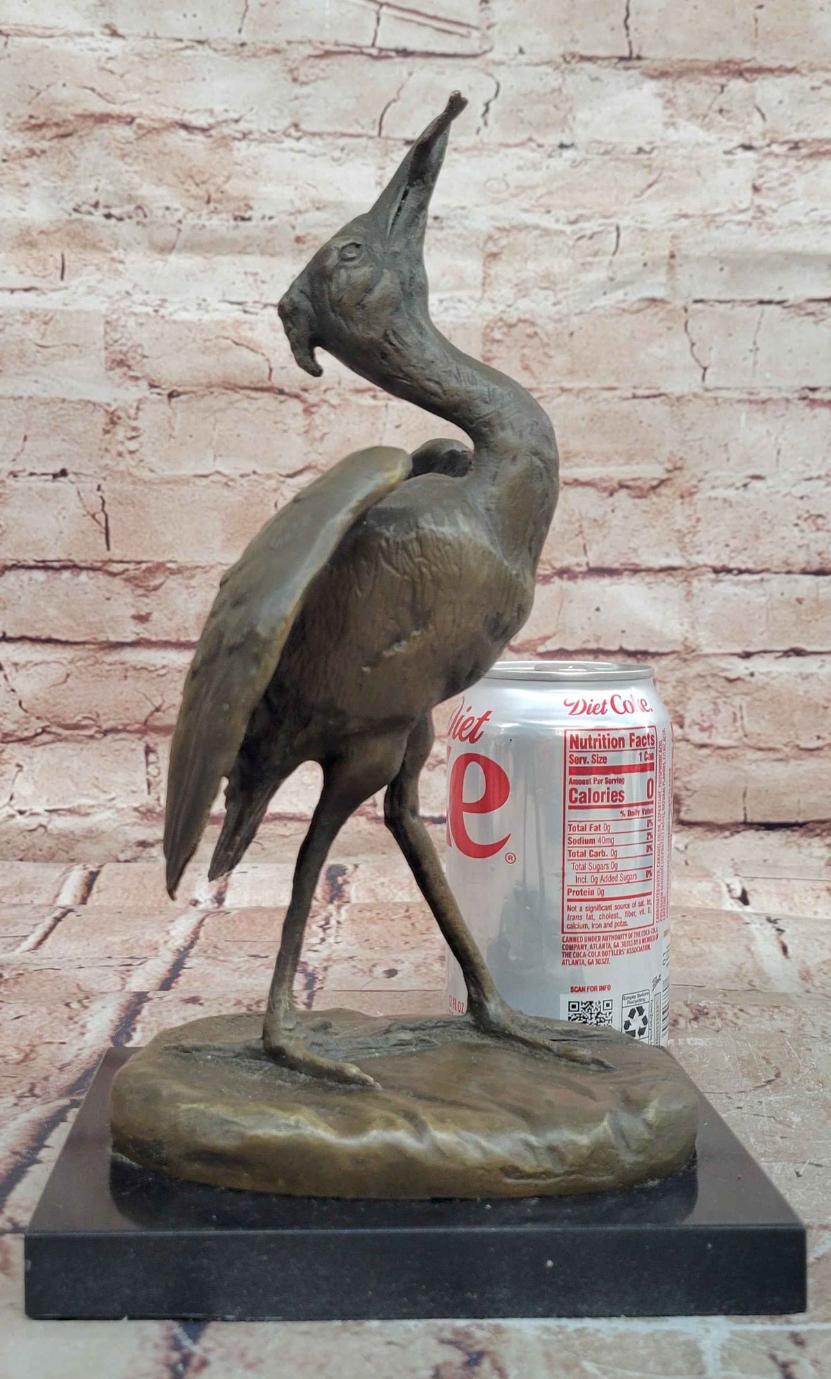 Bronze Crane Bird Sculpture with Upturned Head on Marble Base