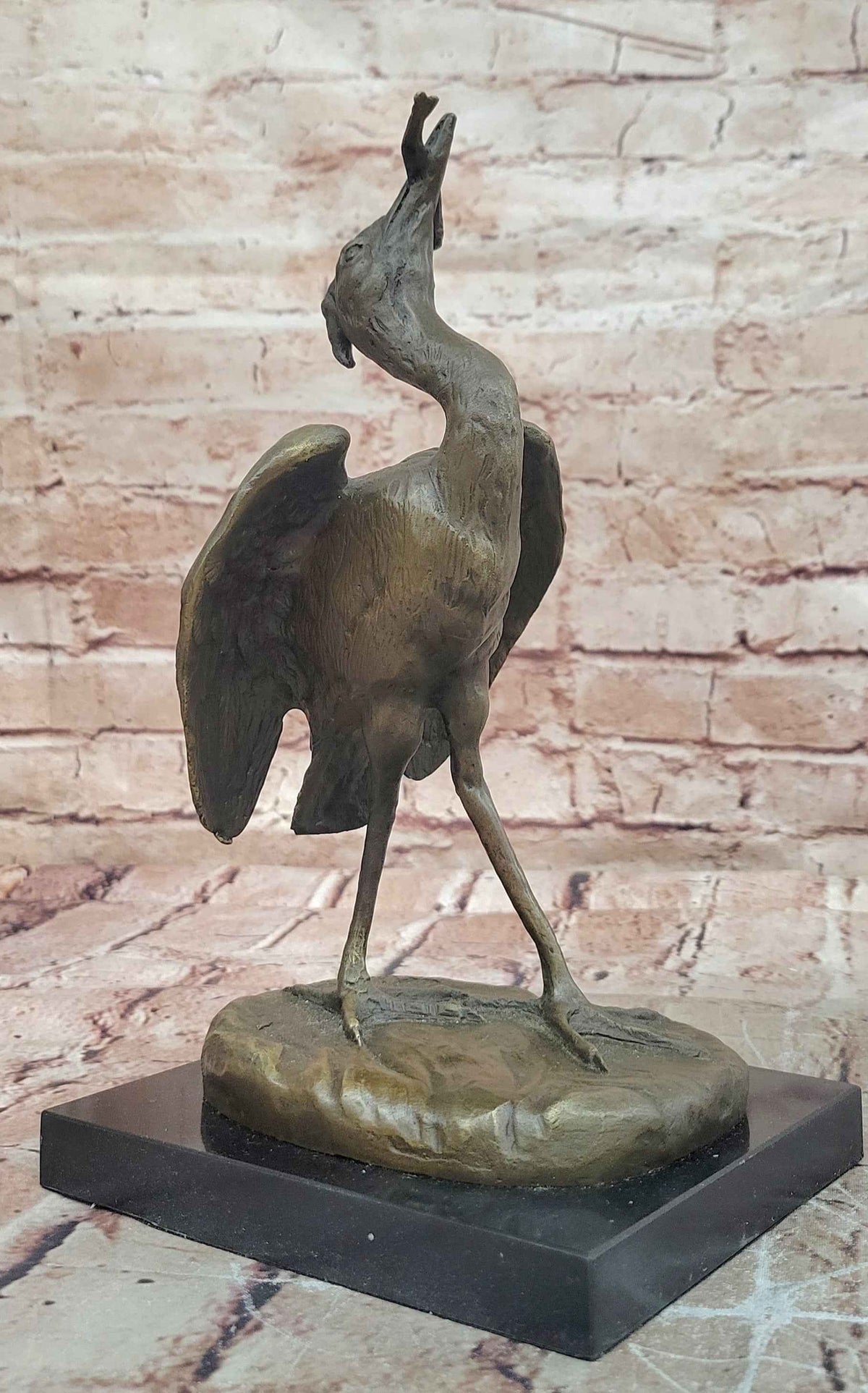 Bronze Crane Bird Sculpture with Upturned Head on Marble Base