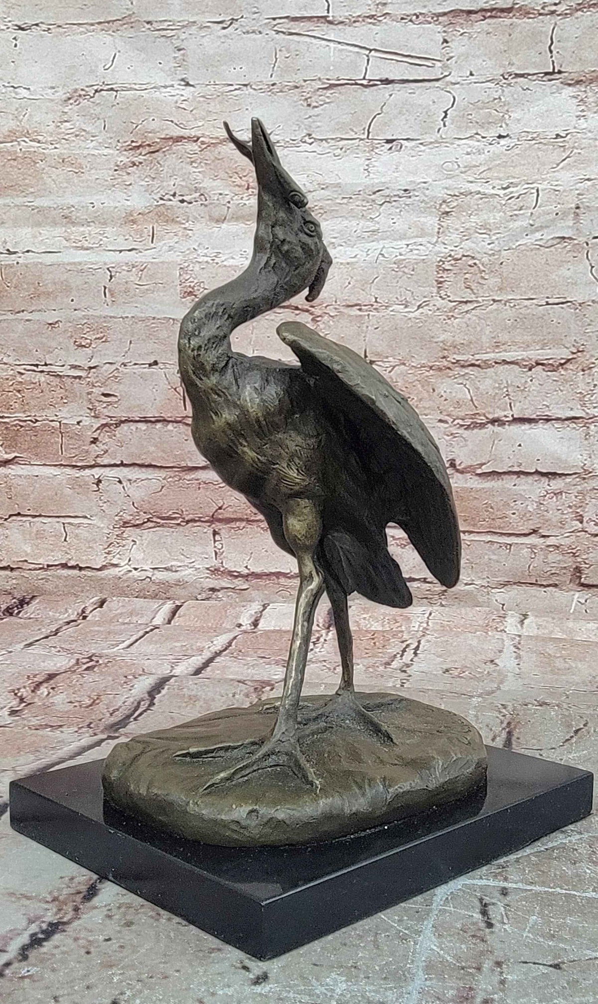 Bronze Crane Bird Sculpture with Upturned Head on Marble Base