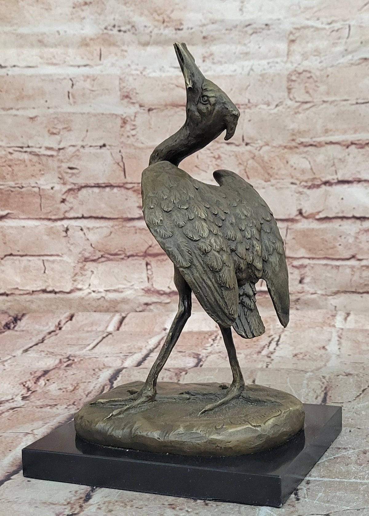 Bronze Crane Bird Sculpture with Upturned Head on Marble Base