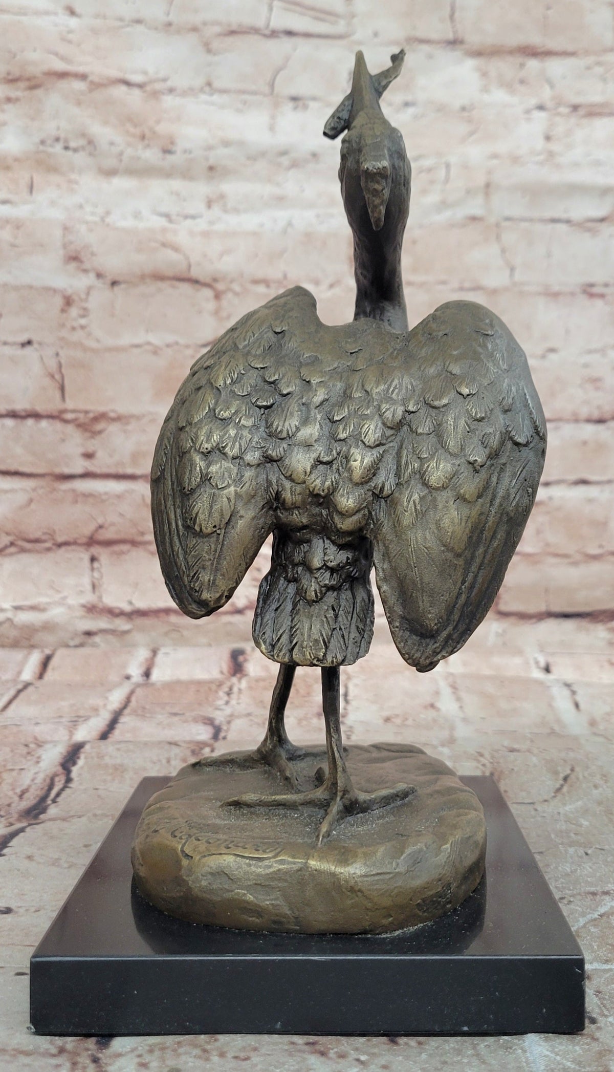 Bronze Crane Bird Sculpture with Upturned Head on Marble Base