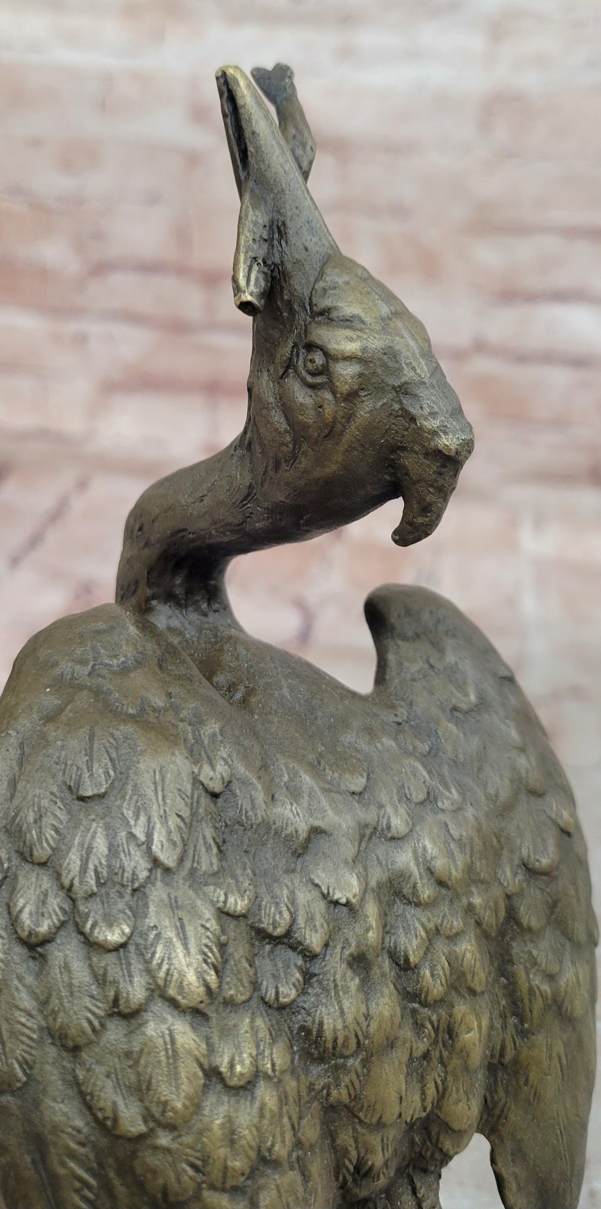 Bronze Crane Bird Sculpture with Upturned Head on Marble Base