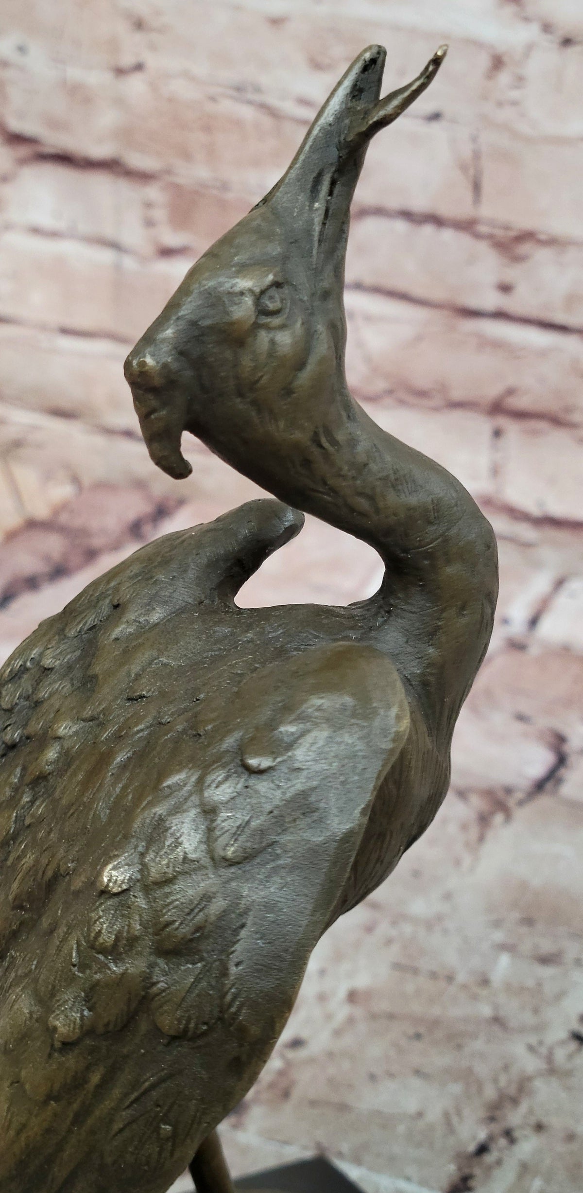 Bronze Crane Bird Sculpture with Upturned Head on Marble Base
