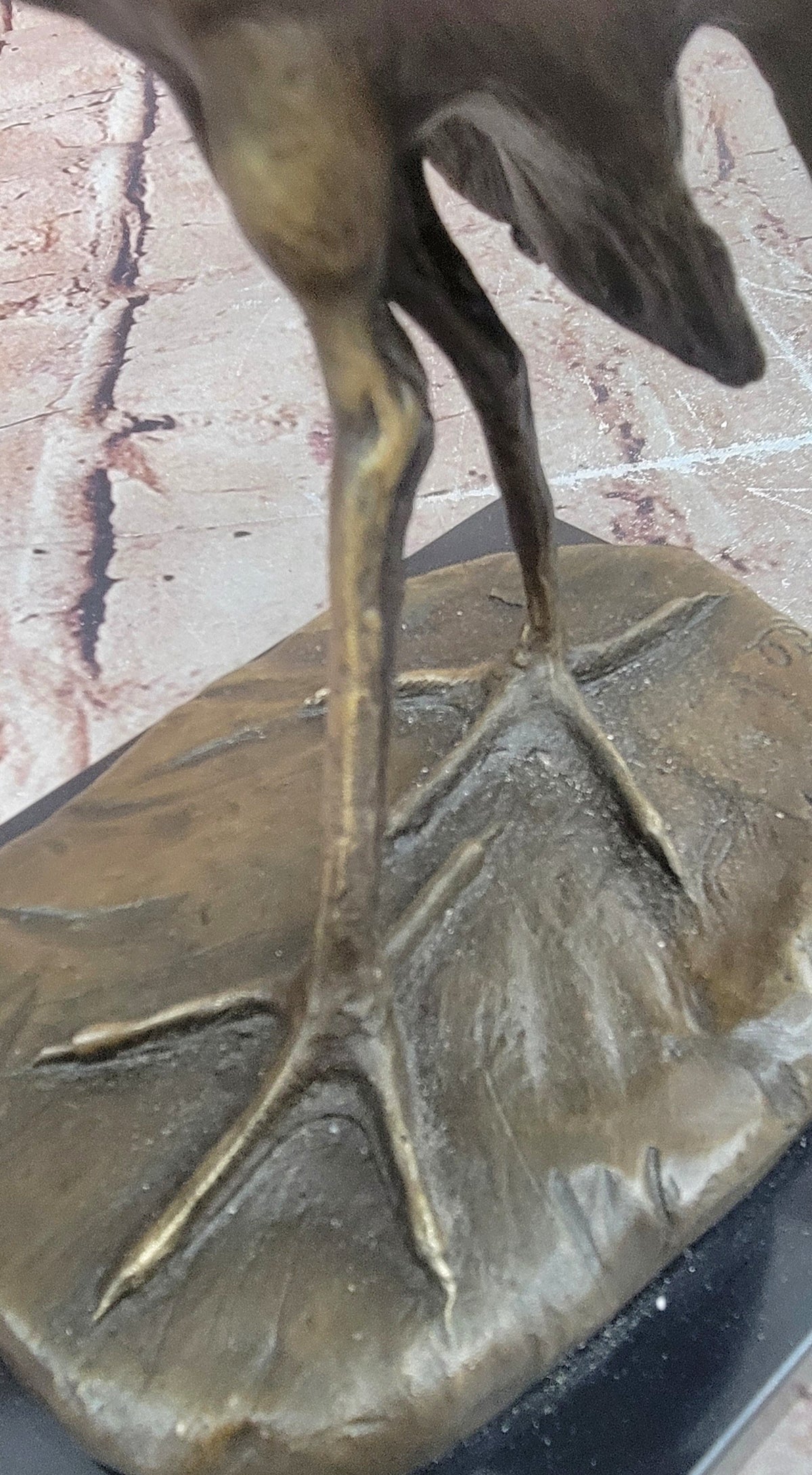 Bronze Crane Bird Sculpture with Upturned Head on Marble Base
