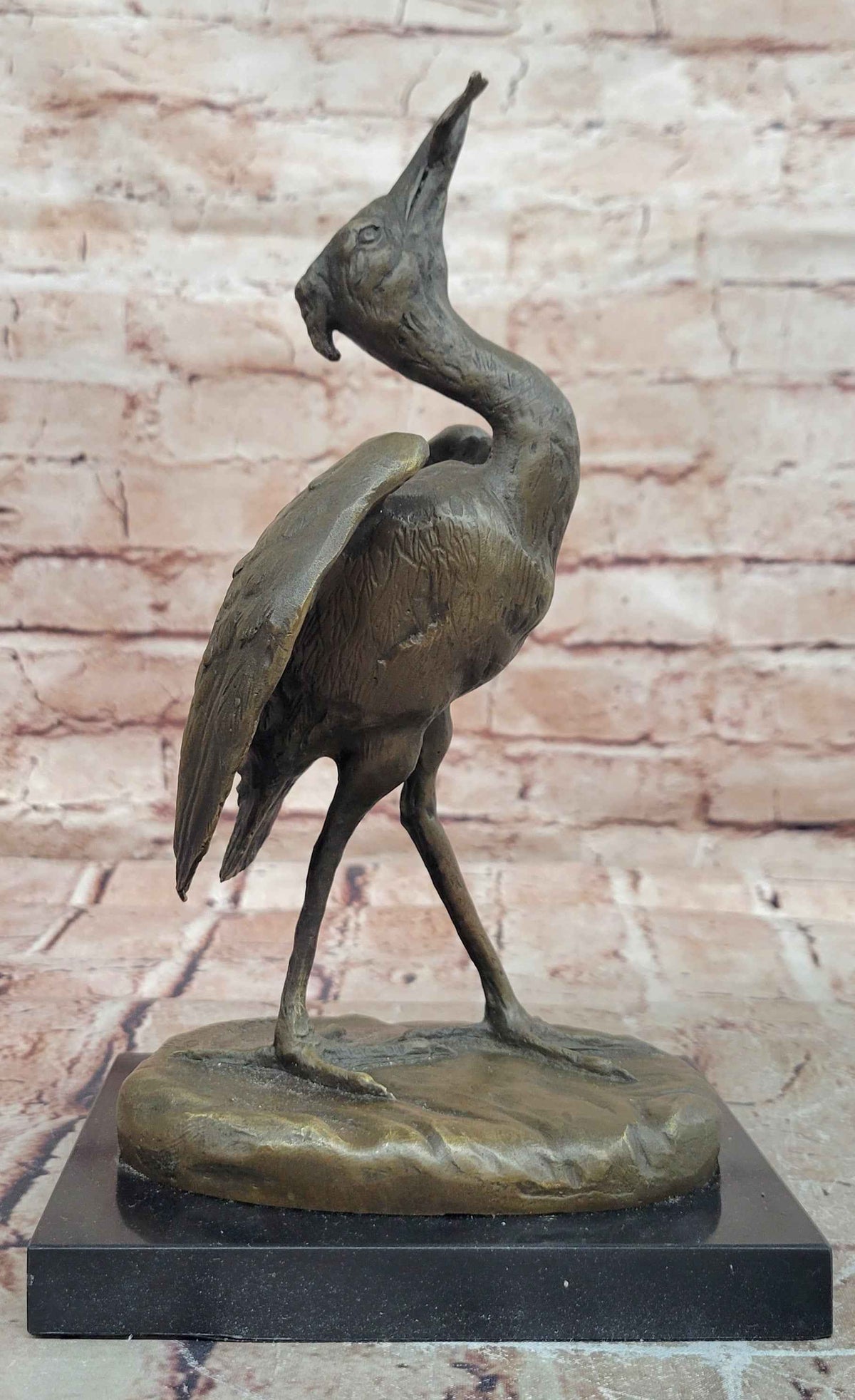 Bronze Crane Bird Sculpture with Upturned Head on Marble Base