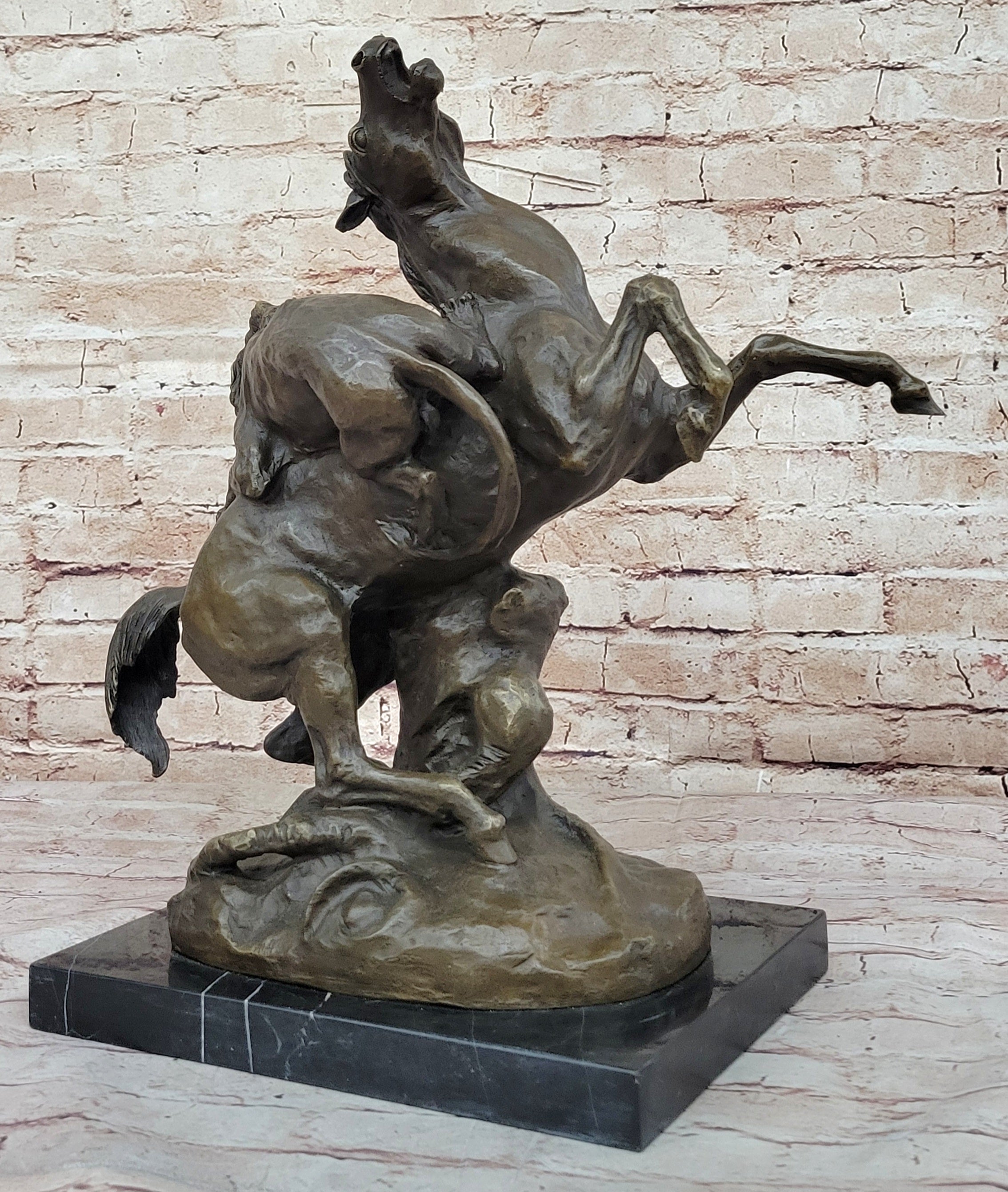 Lion Attacking Horse - Bronze Metal Sculpture by Antoine Barye on Marble Base