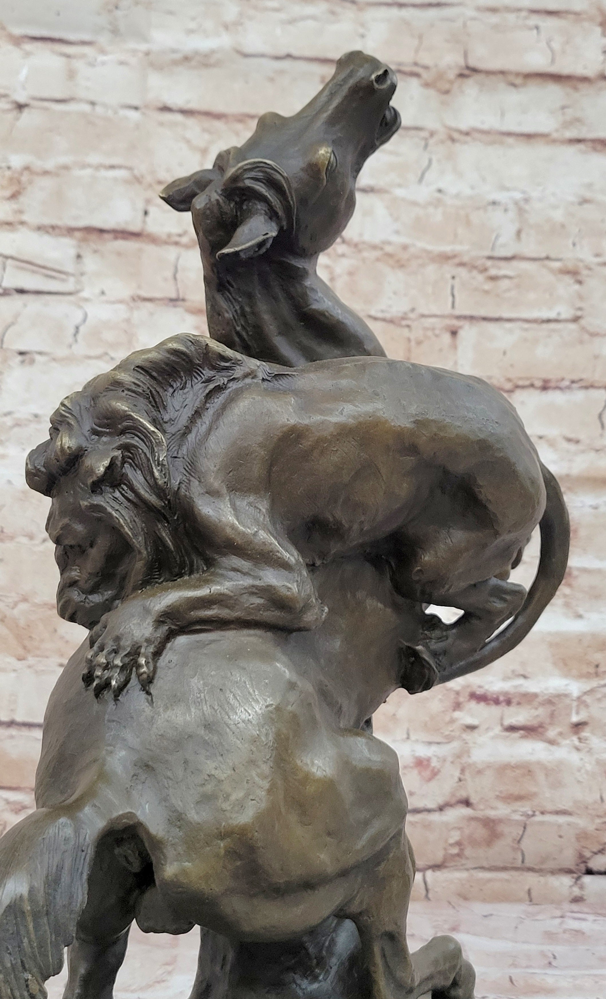 Lion Attacking Horse - Bronze Metal Sculpture by Antoine Barye on Marble Base