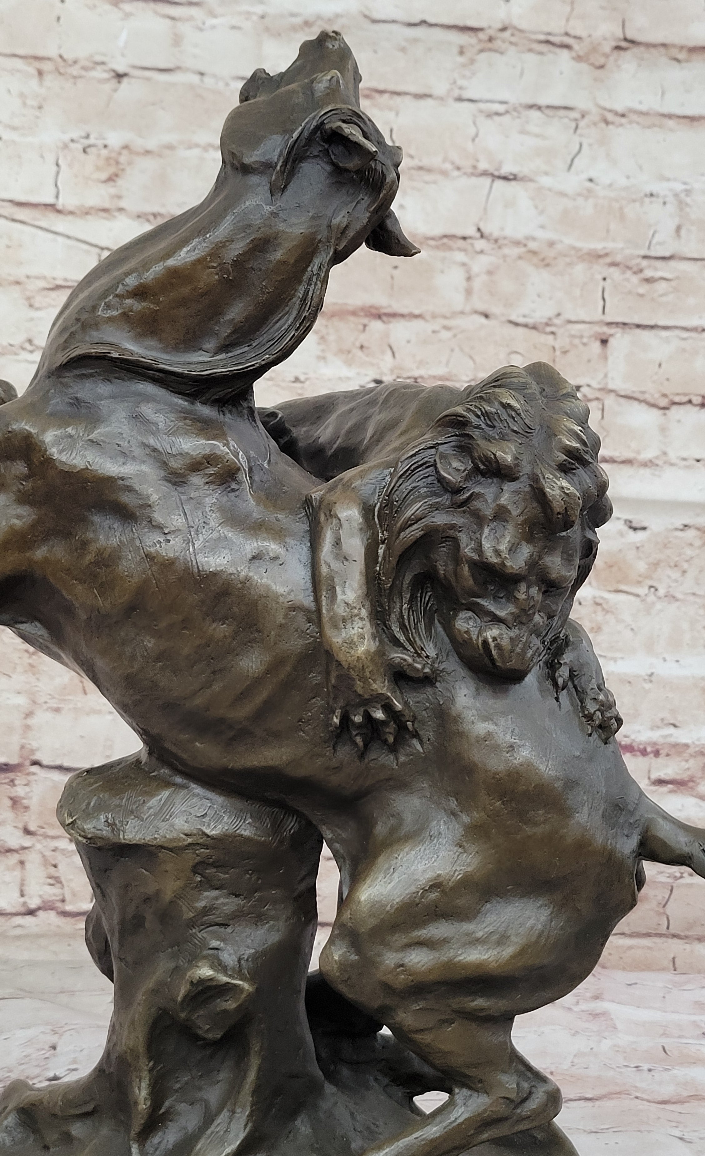 Lion Attacking Horse - Bronze Metal Sculpture by Antoine Barye on Marble Base