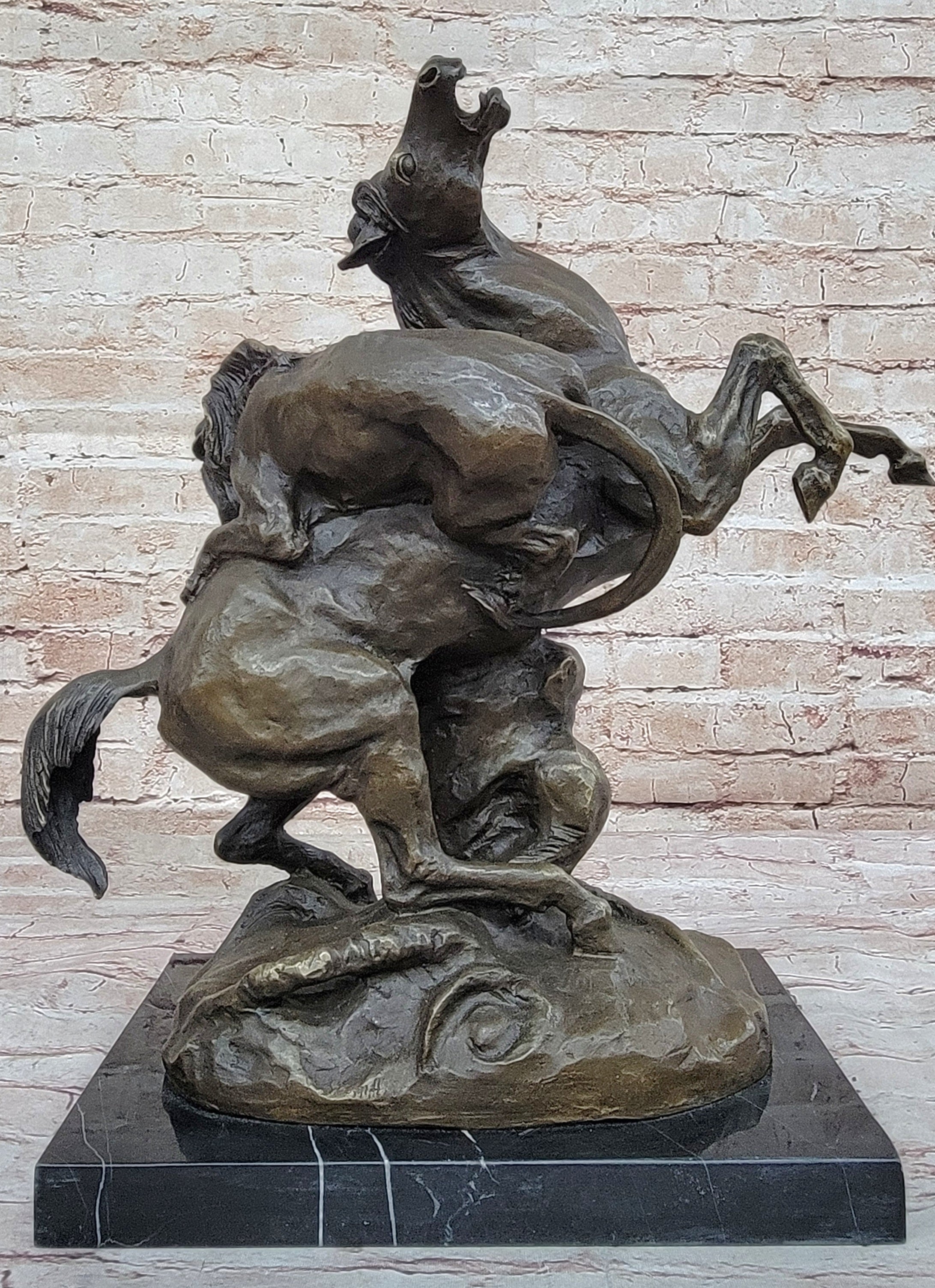 Lion Attacking Horse - Bronze Metal Sculpture by Antoine Barye on Marble Base