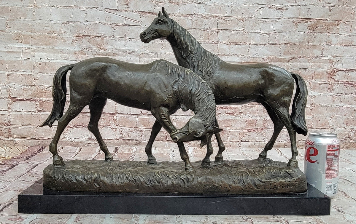 Necking Horses Equestrian Horse Lover Bronze Sculpture Statue Art Figure Marble Base