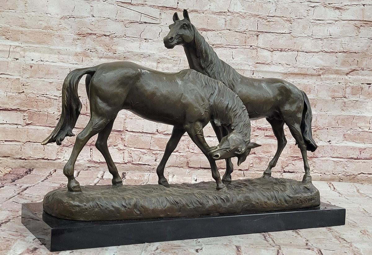 Necking Horses Equestrian Horse Lover Bronze Sculpture Statue Art Figure Marble Base