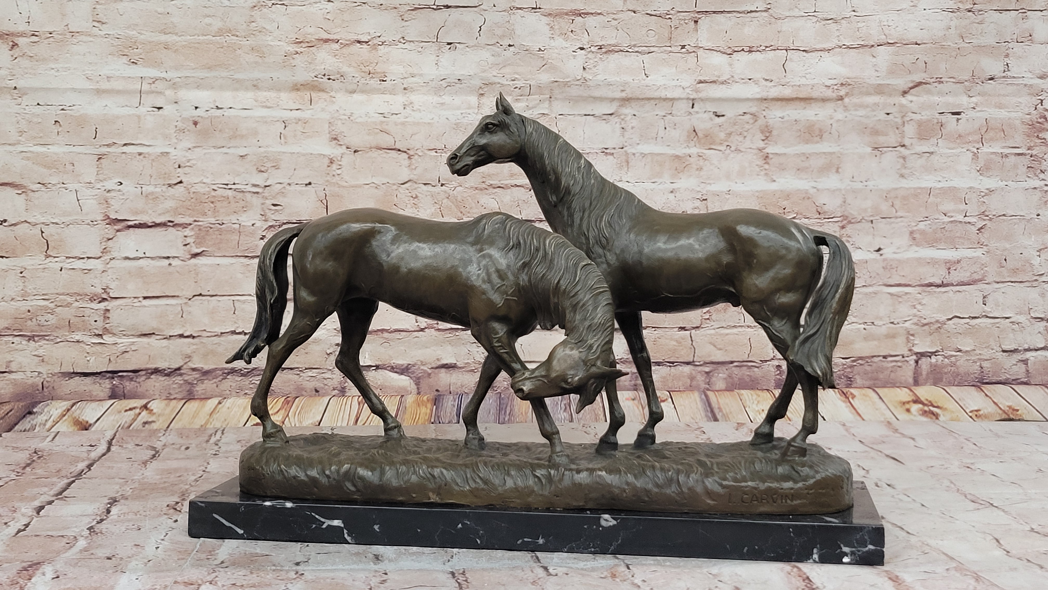Necking Horses Equestrian Horse Lover Bronze Sculpture Statue Art Figure Marble Base