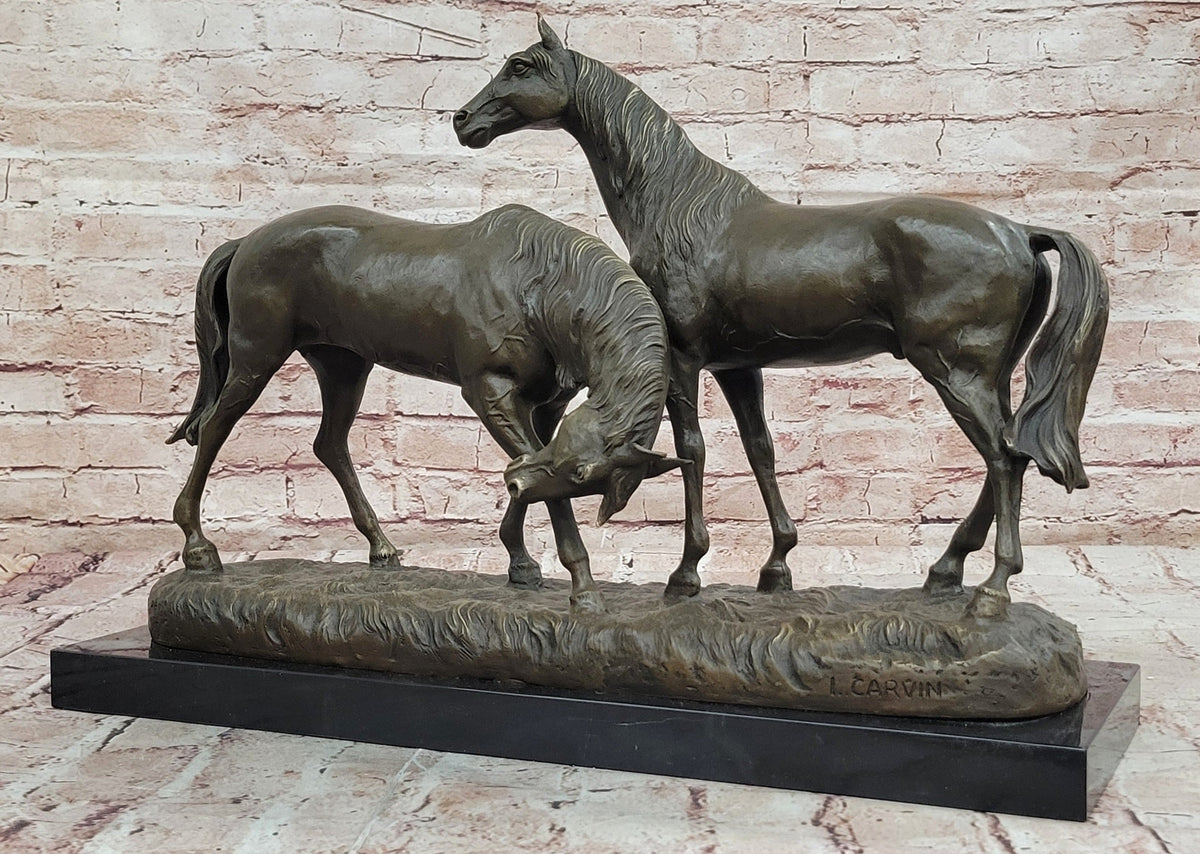 Necking Horses Equestrian Horse Lover Bronze Sculpture Statue Art Figure Marble Base