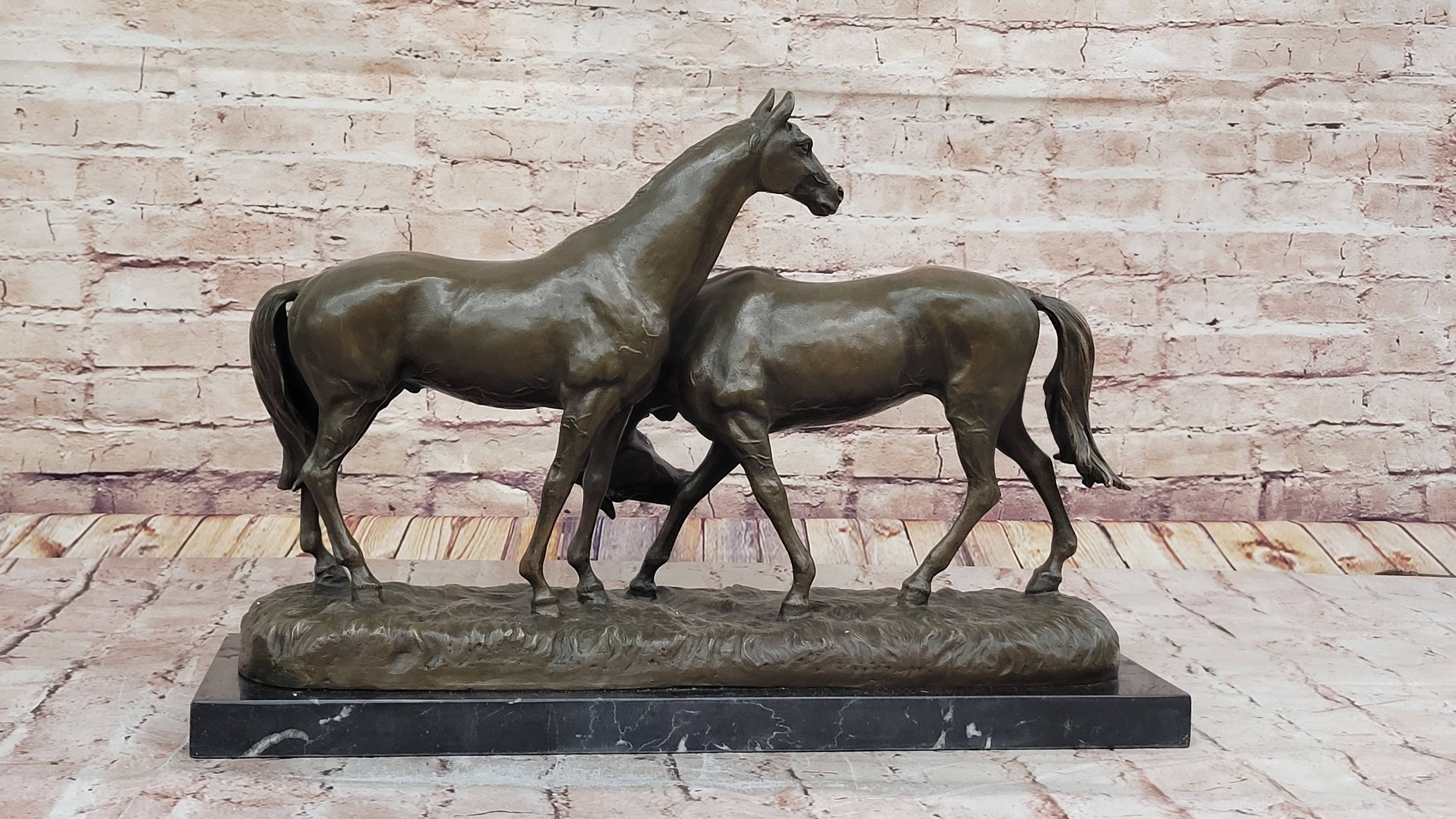 Necking Horses Equestrian Horse Lover Bronze Sculpture Statue Art Figure Marble Base