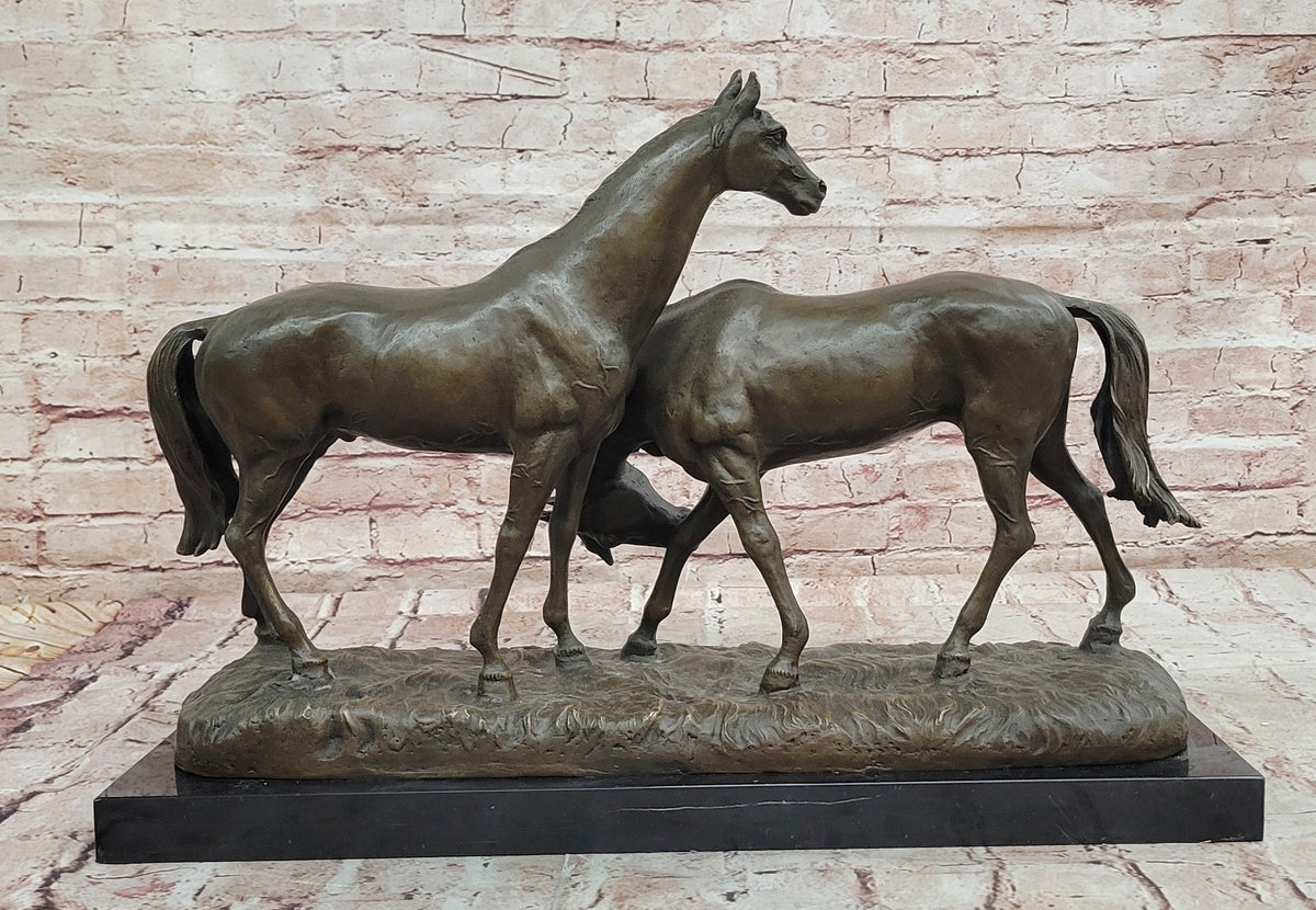 Necking Horses Equestrian Horse Lover Bronze Sculpture Statue Art Figure Marble Base