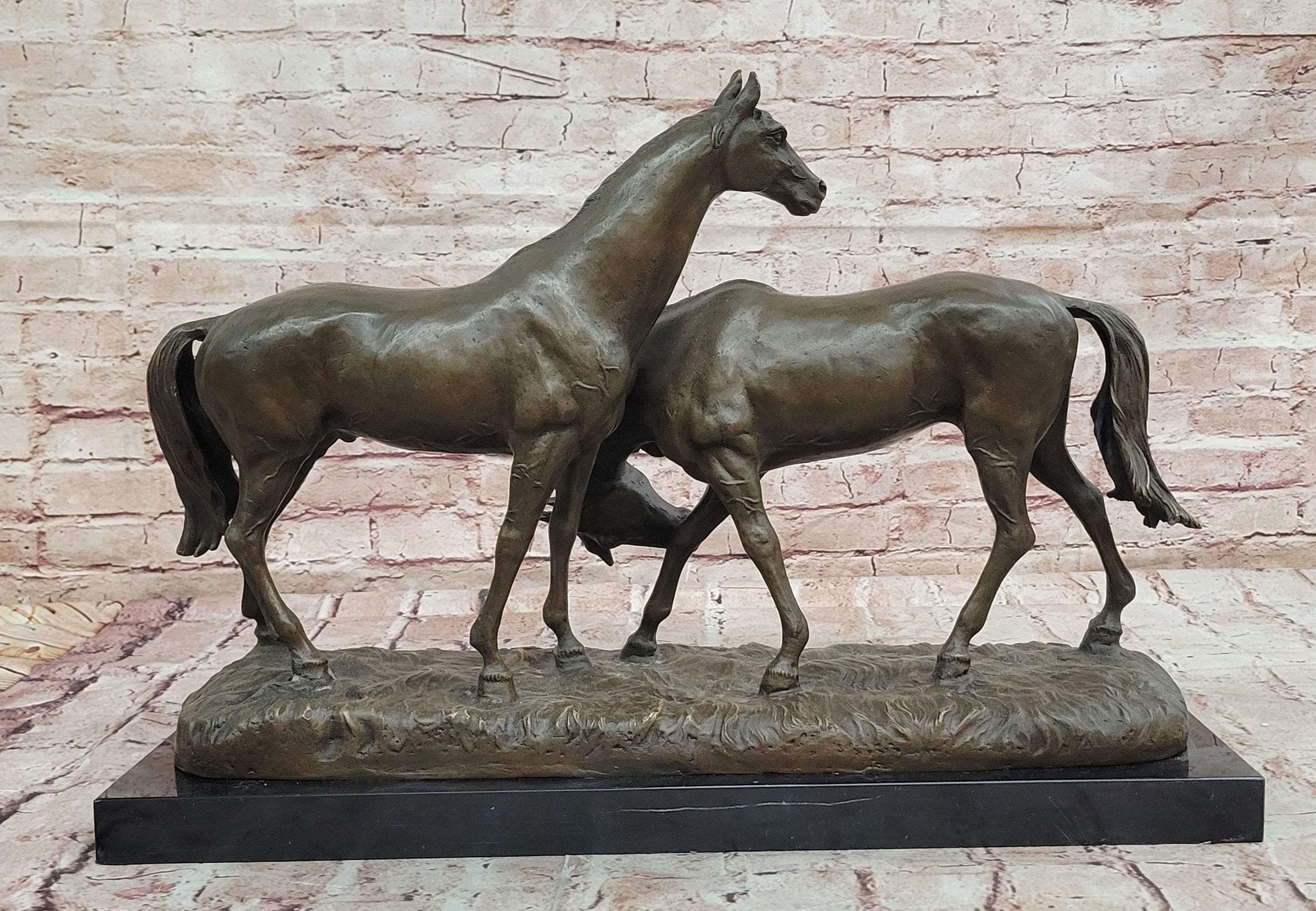 Necking Horses Equestrian Horse Lover Bronze Sculpture Statue Art Figure Marble Base