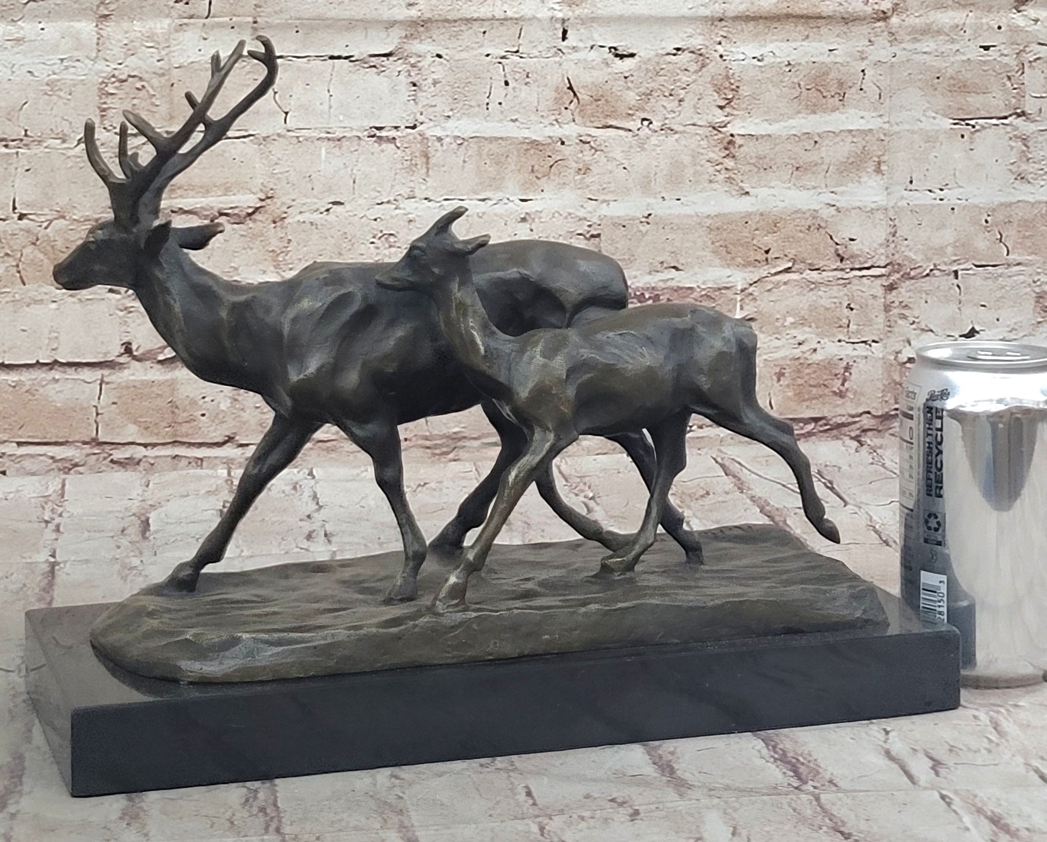Deer Buck Elk and Doe Fawn Caribou Reindeer Bronze Statue Sculpture Marble Base 11" x 13"