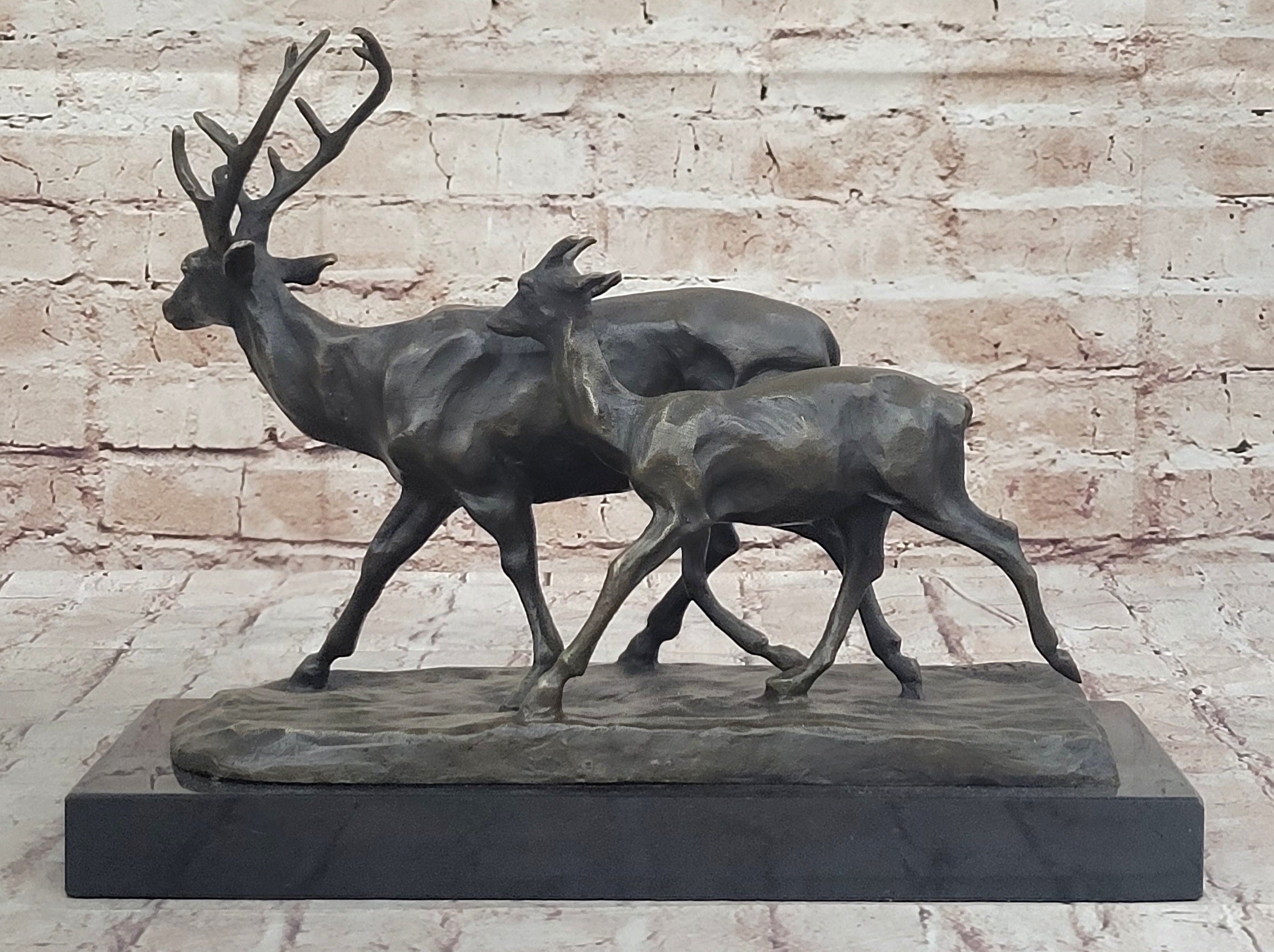 Deer Buck Elk and Doe Fawn Caribou Reindeer Bronze Statue Sculpture Marble Base 11" x 13"