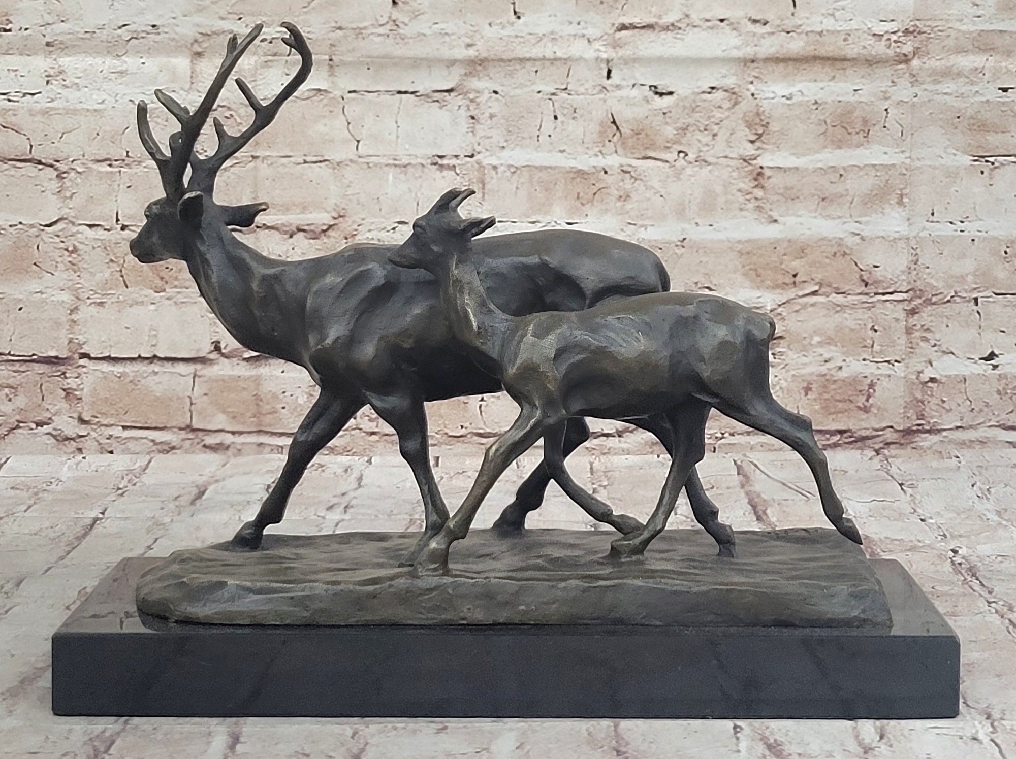 Deer Buck Elk and Doe Fawn Caribou Reindeer Bronze Statue Sculpture Marble Base 11" x 13"
