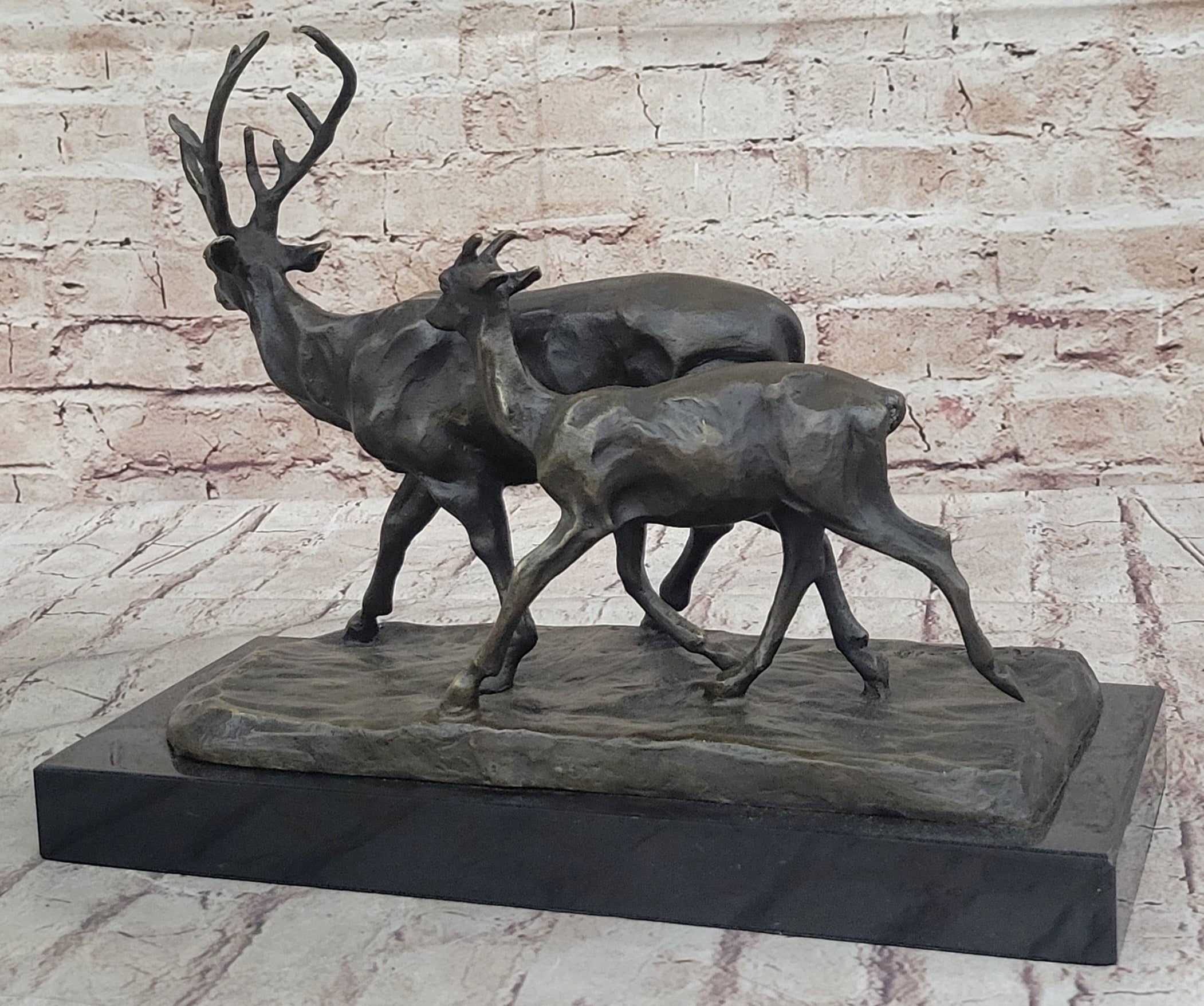 Deer Buck Elk and Doe Fawn Caribou Reindeer Bronze Statue Sculpture Marble Base 11" x 13"
