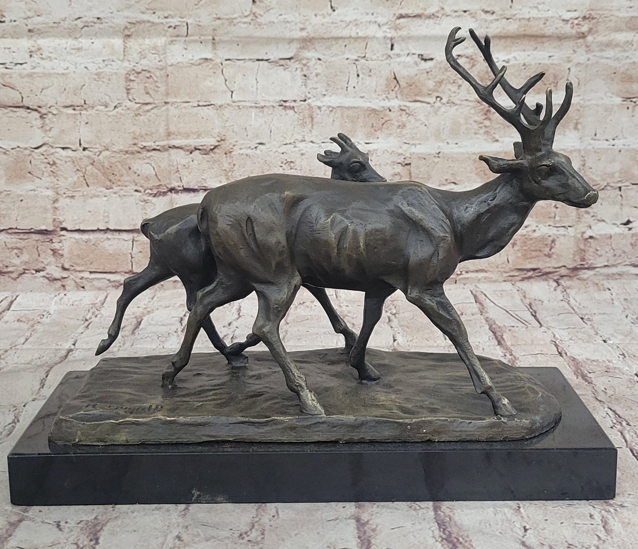 Deer Buck Elk and Doe Fawn Caribou Reindeer Bronze Statue Sculpture Marble Base 11" x 13"