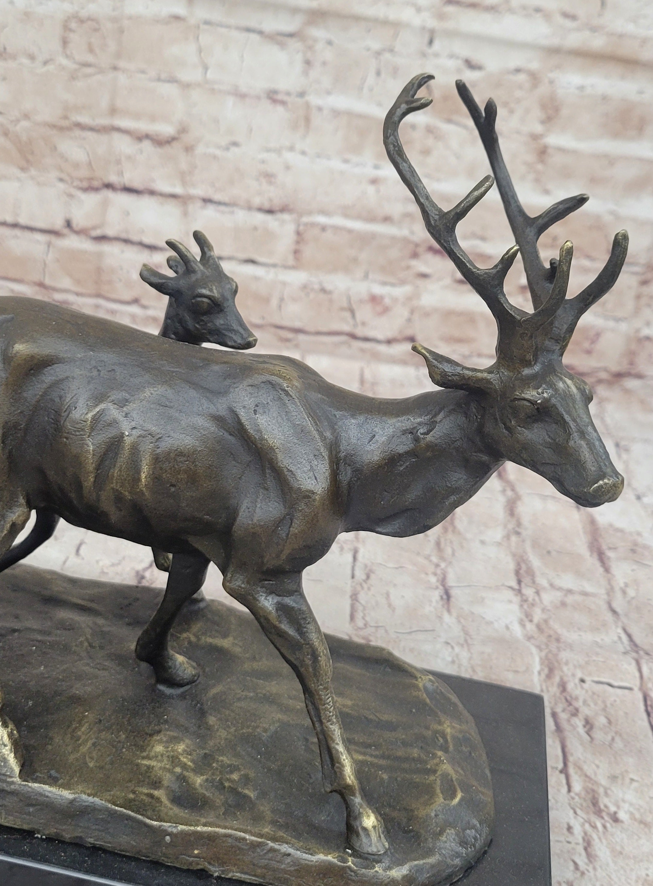 Deer Buck Elk and Doe Fawn Caribou Reindeer Bronze Statue Sculpture Marble Base 11" x 13"