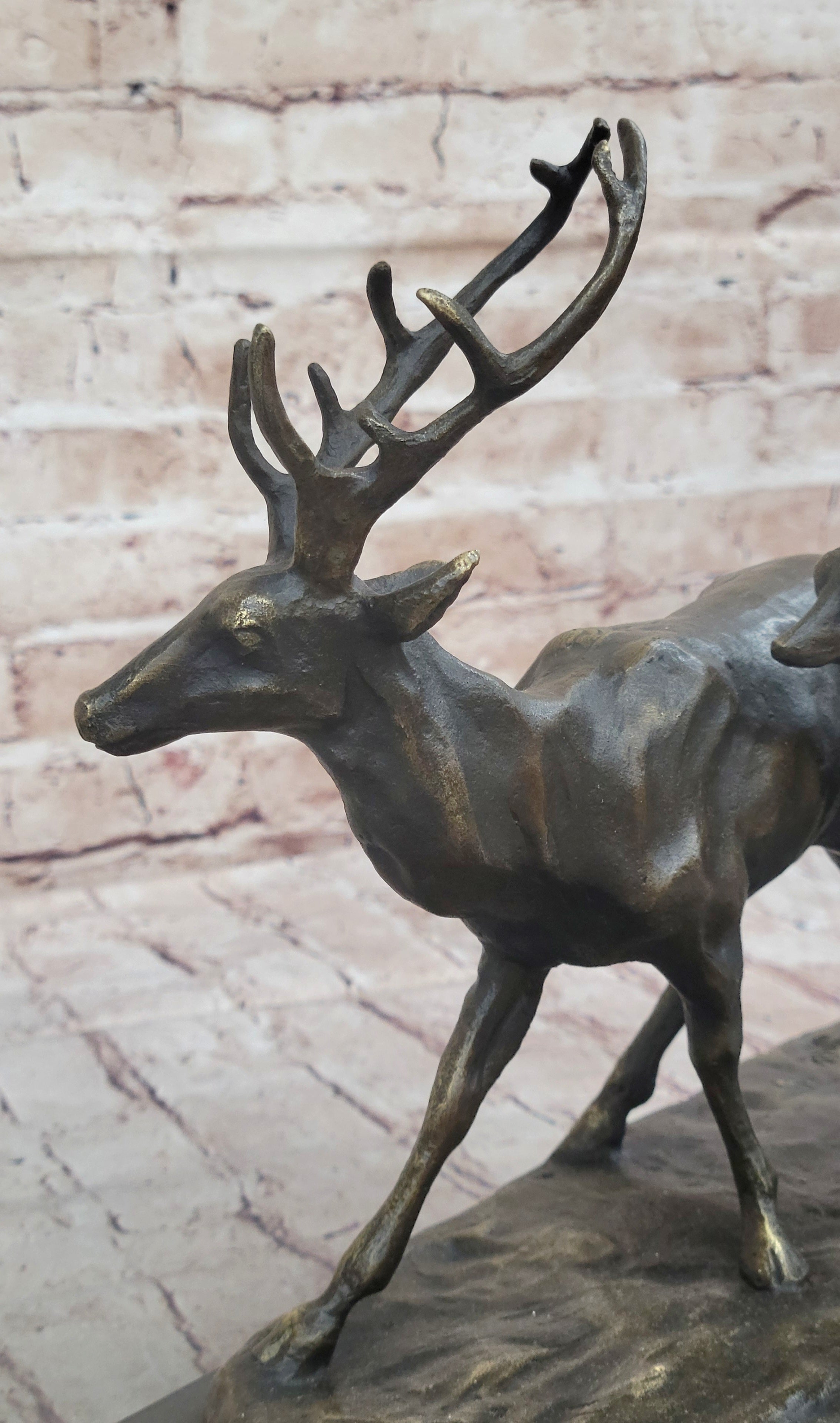 Deer Buck Elk and Doe Fawn Caribou Reindeer Bronze Statue Sculpture Marble Base 11" x 13"