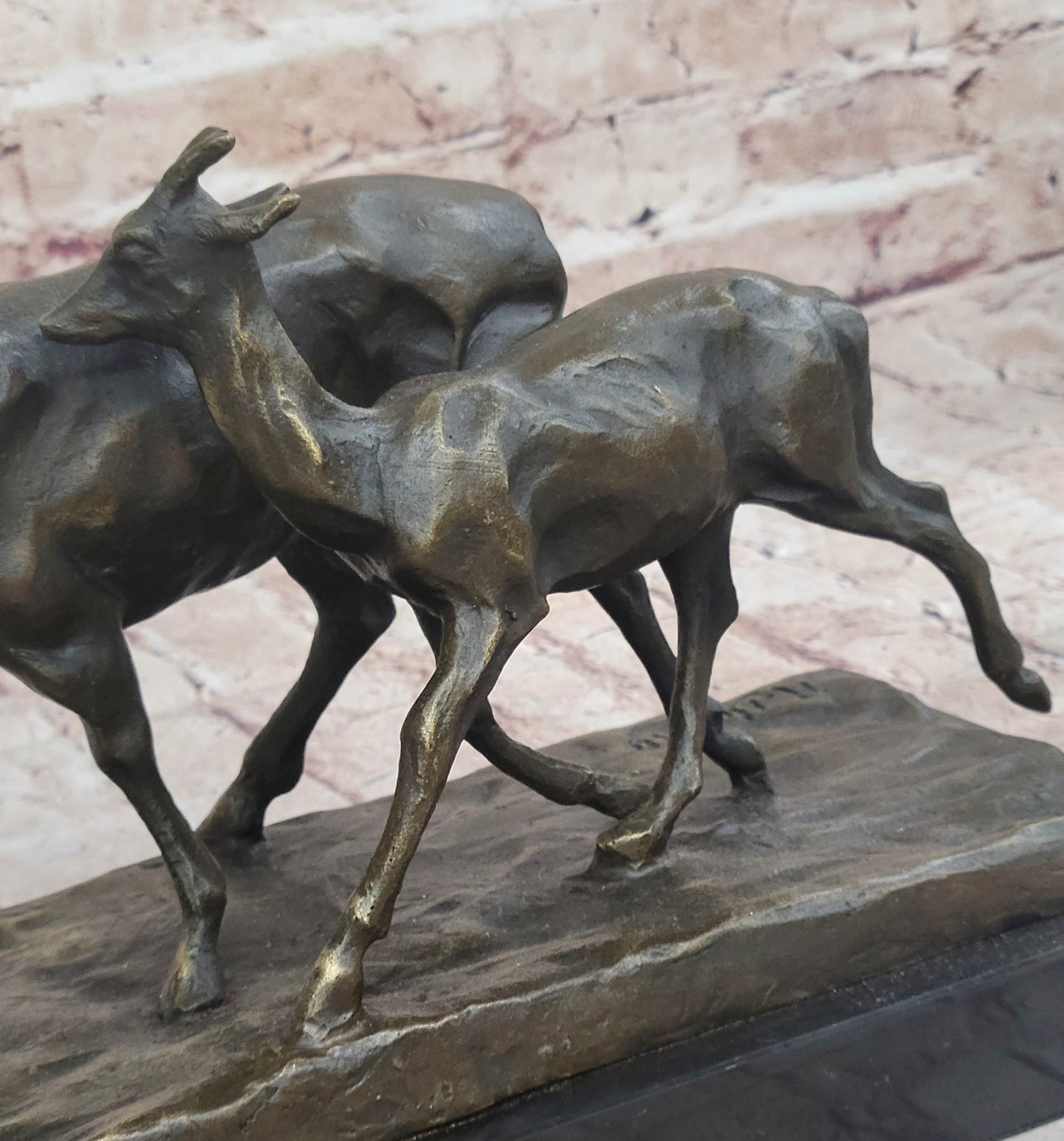 Deer Buck Elk and Doe Fawn Caribou Reindeer Bronze Statue Sculpture Marble Base 11" x 13"