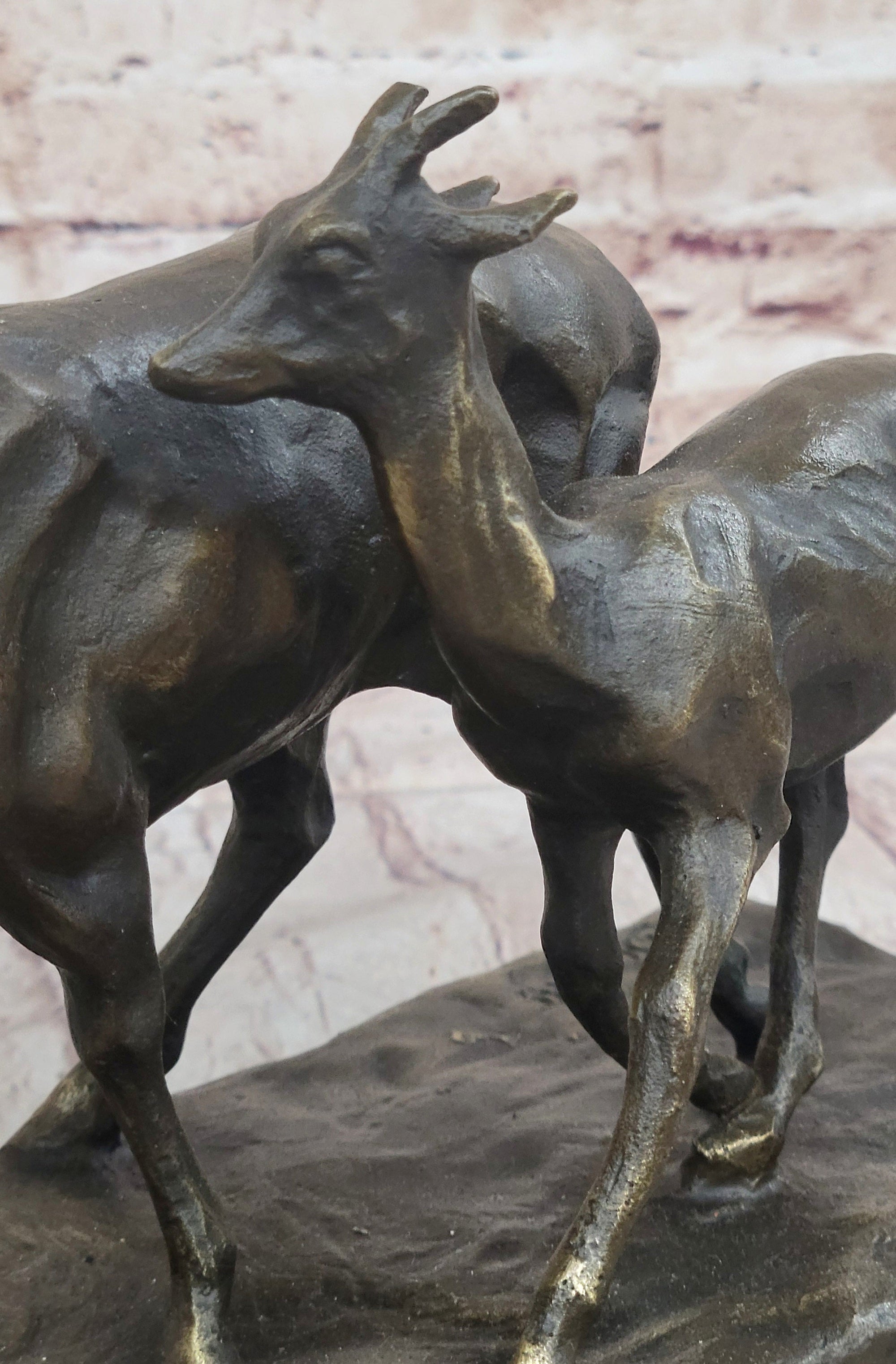 Deer Buck Elk and Doe Fawn Caribou Reindeer Bronze Statue Sculpture Marble Base 11" x 13"