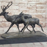 Deer Buck Elk and Doe Fawn Caribou Reindeer Bronze Statue Sculpture Marble Base 11" x 13"