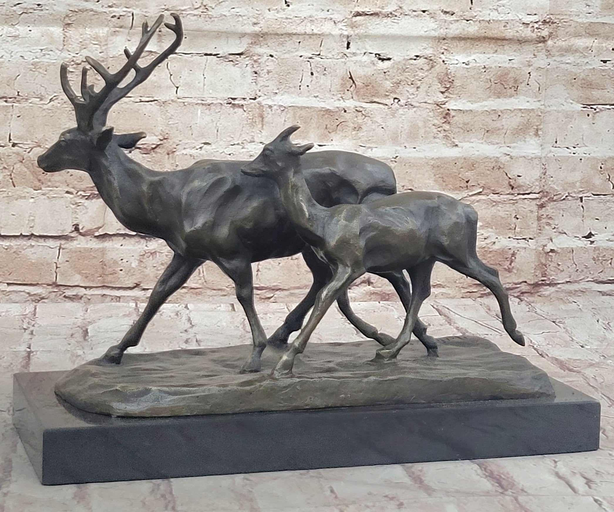 Deer Buck Elk and Doe Fawn Caribou Reindeer Bronze Statue Sculpture Marble Base 11" x 13"