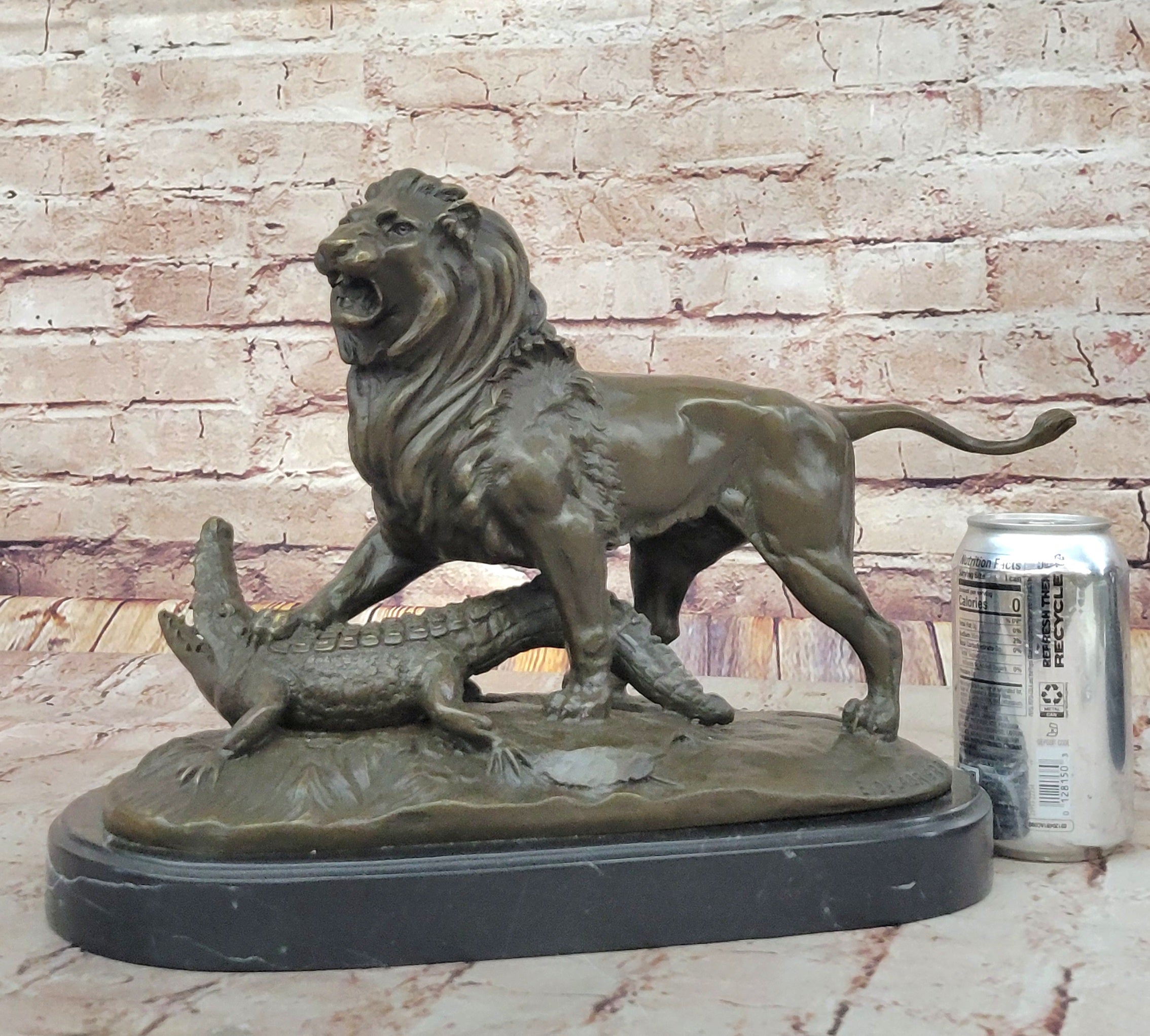 Majestic Bronze Lion vs Crocodile Statue by  Delabrierre; Wildlife Showdown on Marble Base