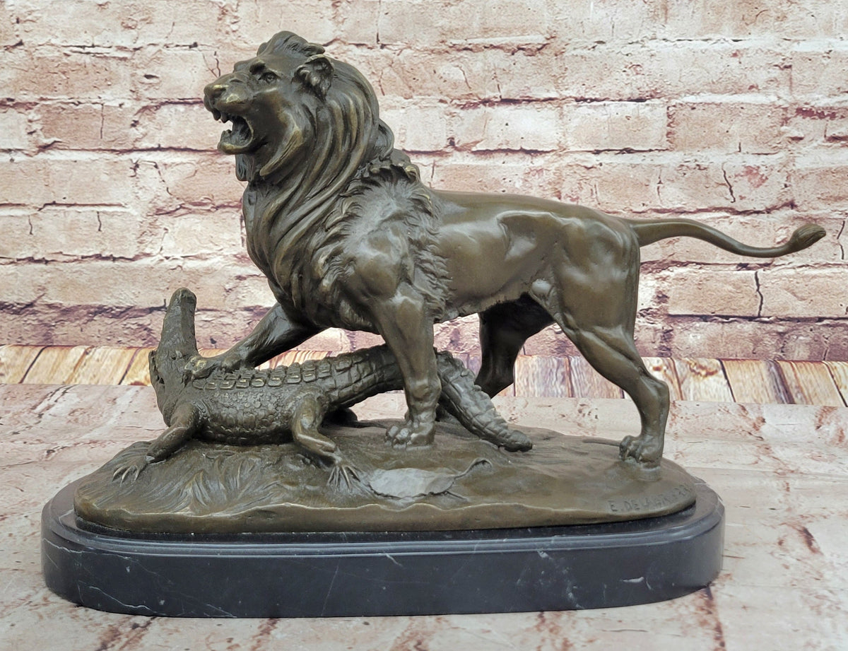 Majestic Bronze Lion vs Crocodile Statue by Delabrierre; Wildlife Showdown on Marble Base