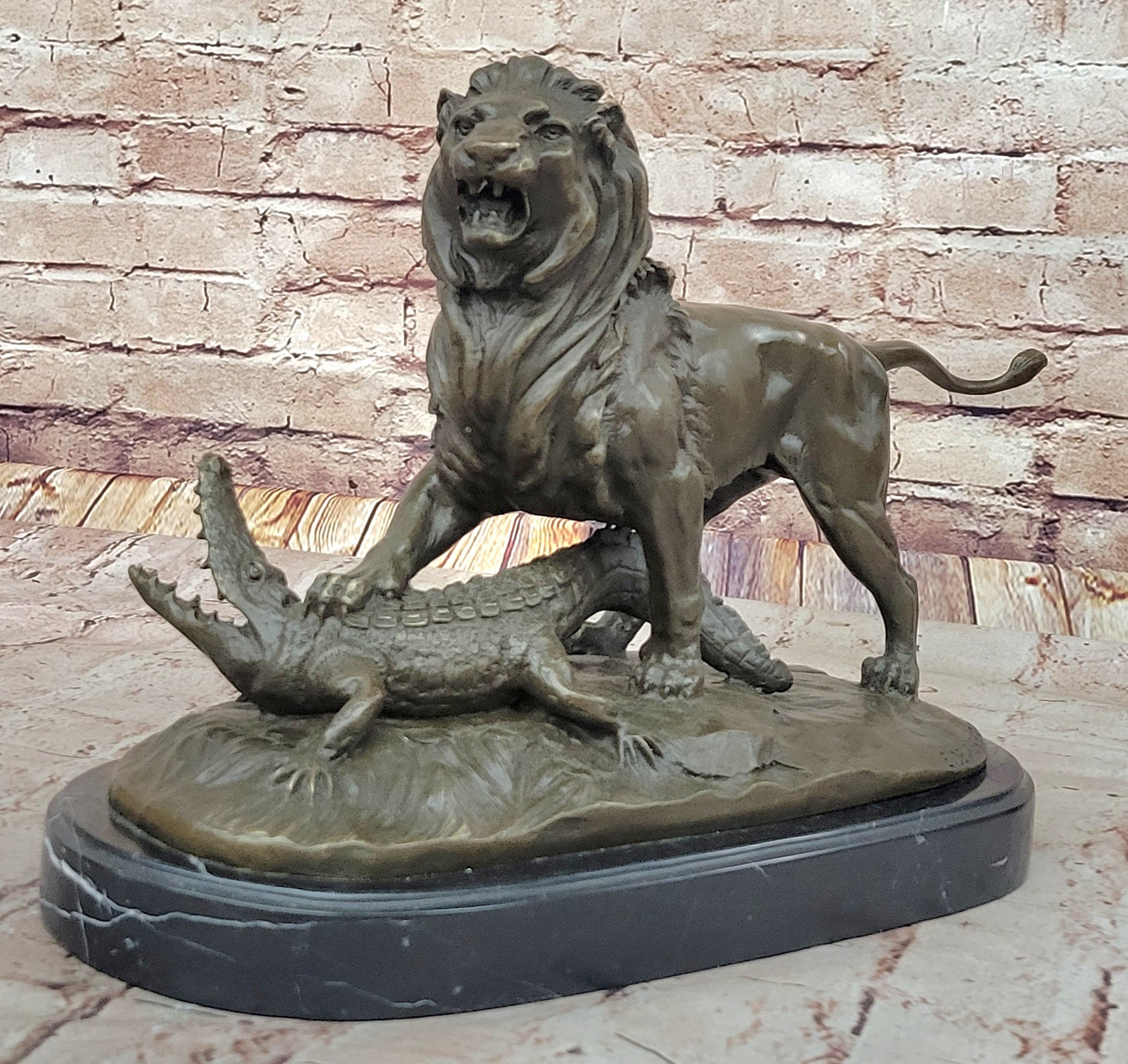 Majestic Bronze Lion vs Crocodile Statue by  Delabrierre; Wildlife Showdown on Marble Base