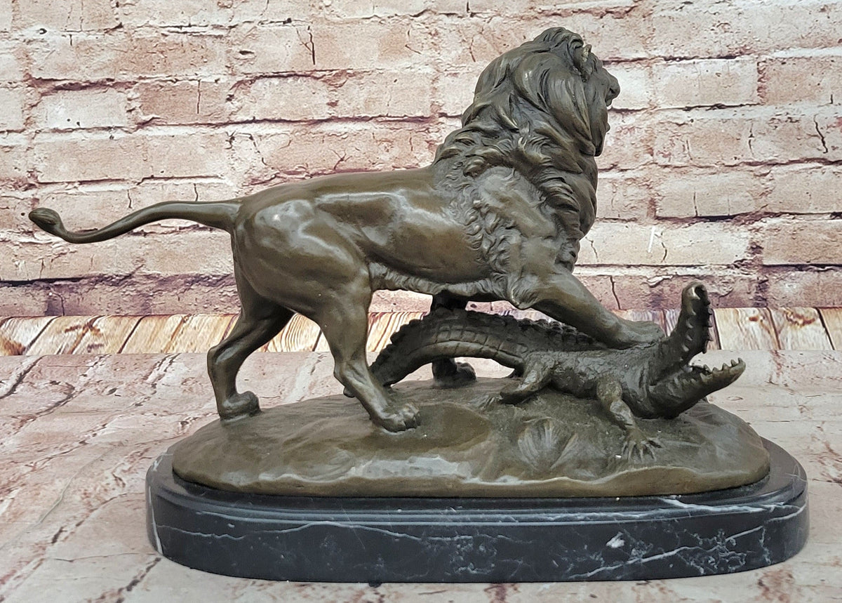 Majestic Bronze Lion vs Crocodile Statue by Delabrierre; Wildlife Showdown on Marble Base