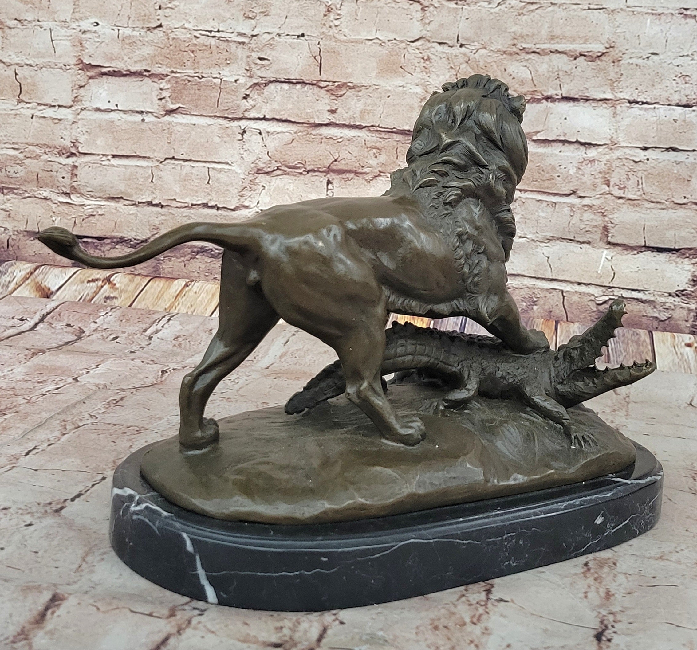 Majestic Bronze Lion vs Crocodile Statue by  Delabrierre; Wildlife Showdown on Marble Base