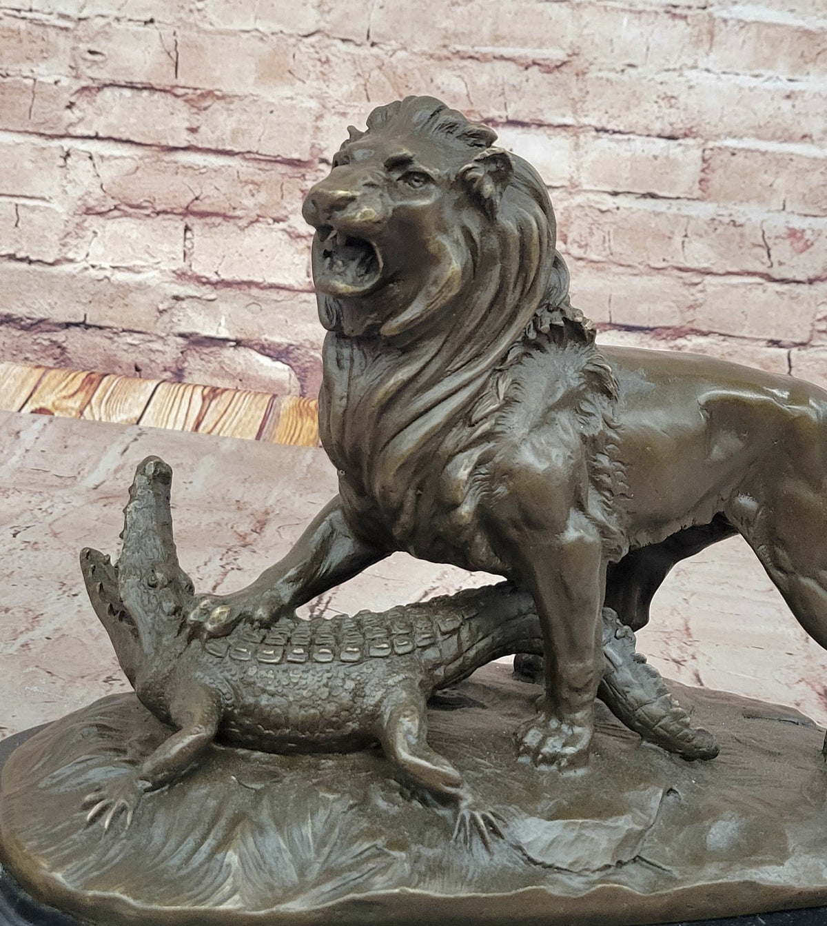 Majestic Bronze Lion vs Crocodile Statue by Delabrierre; Wildlife Showdown on Marble Base