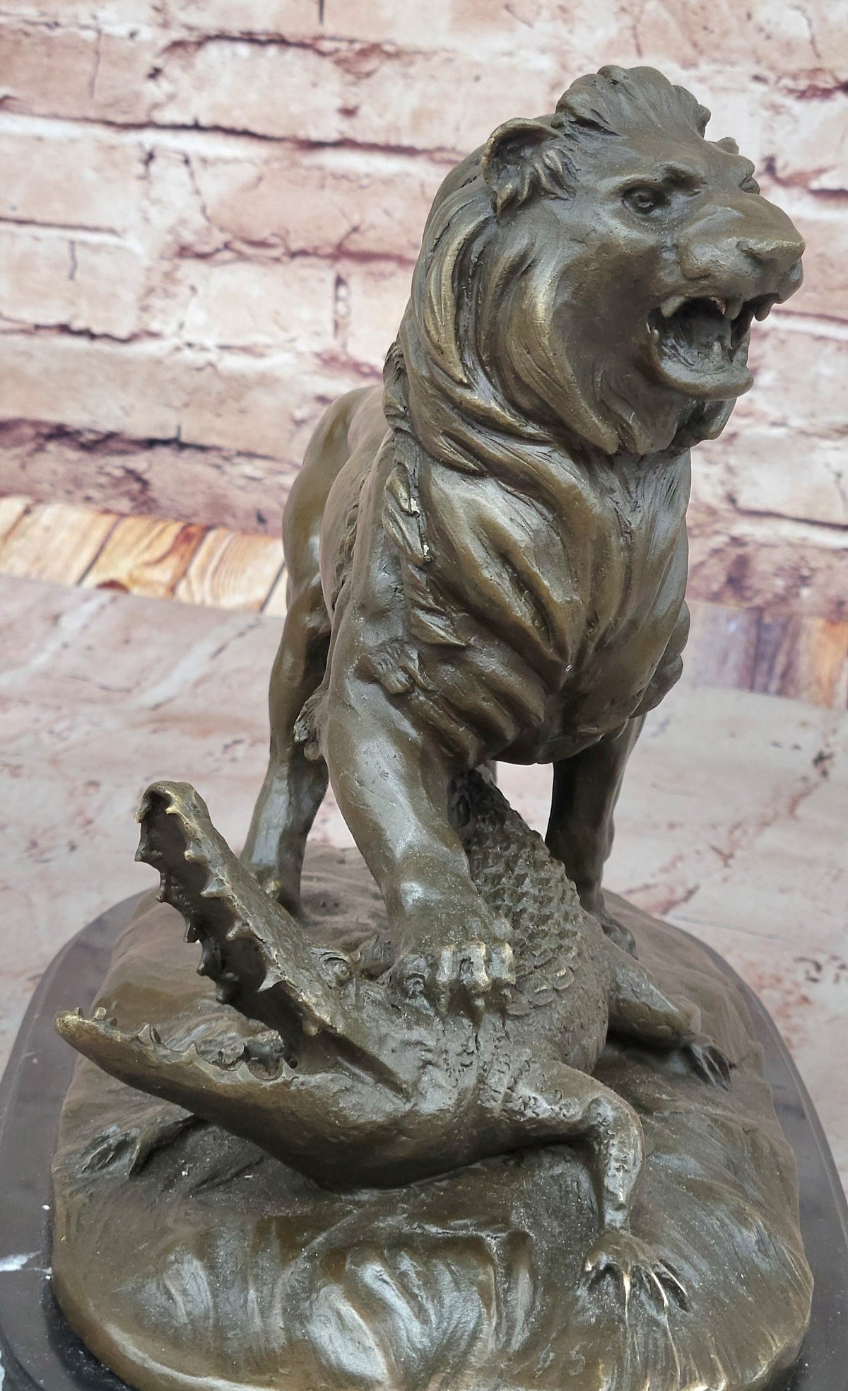 Majestic Bronze Lion vs Crocodile Statue by Delabrierre; Wildlife Showdown on Marble Base