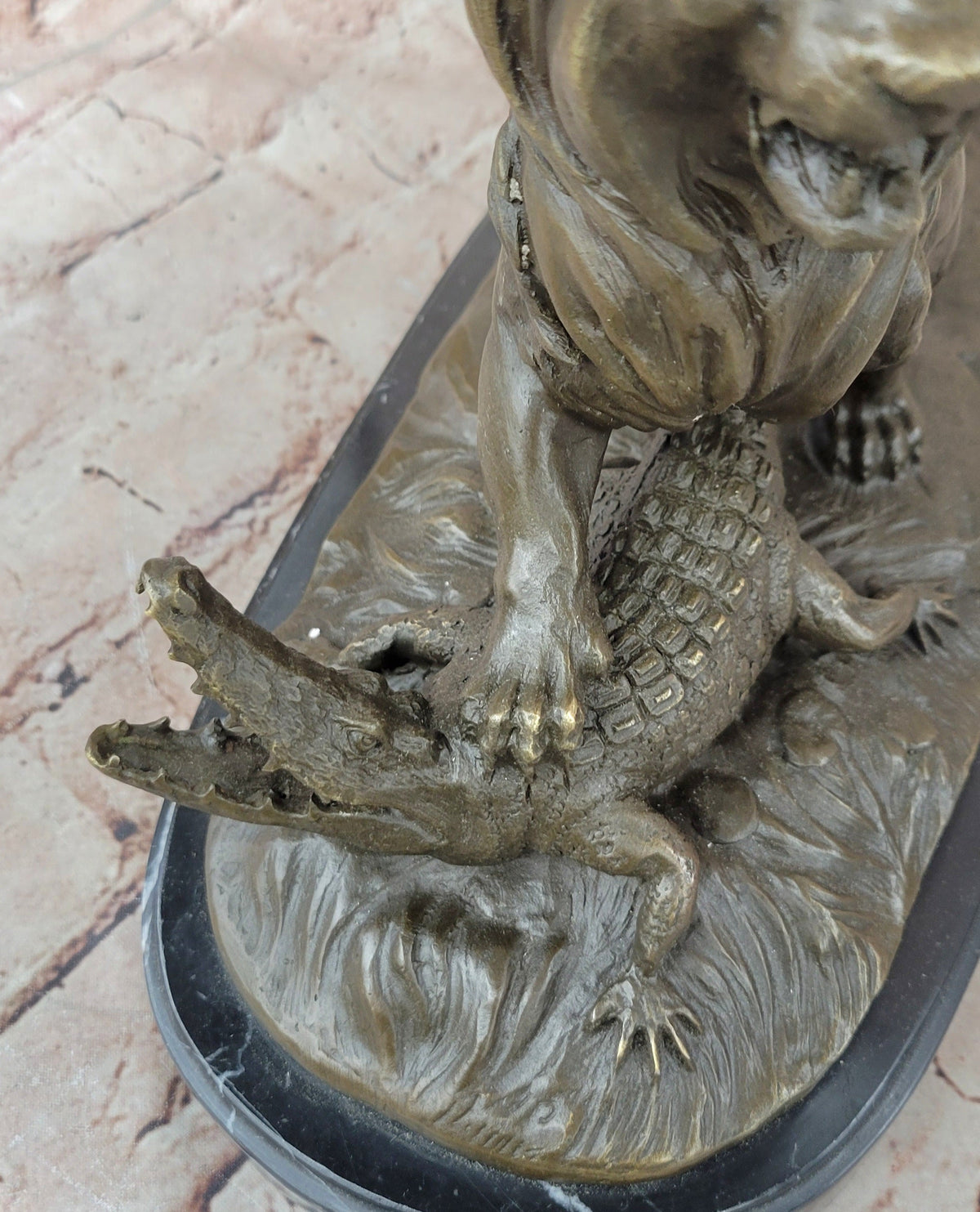 Majestic Bronze Lion vs Crocodile Statue by Delabrierre; Wildlife Showdown on Marble Base