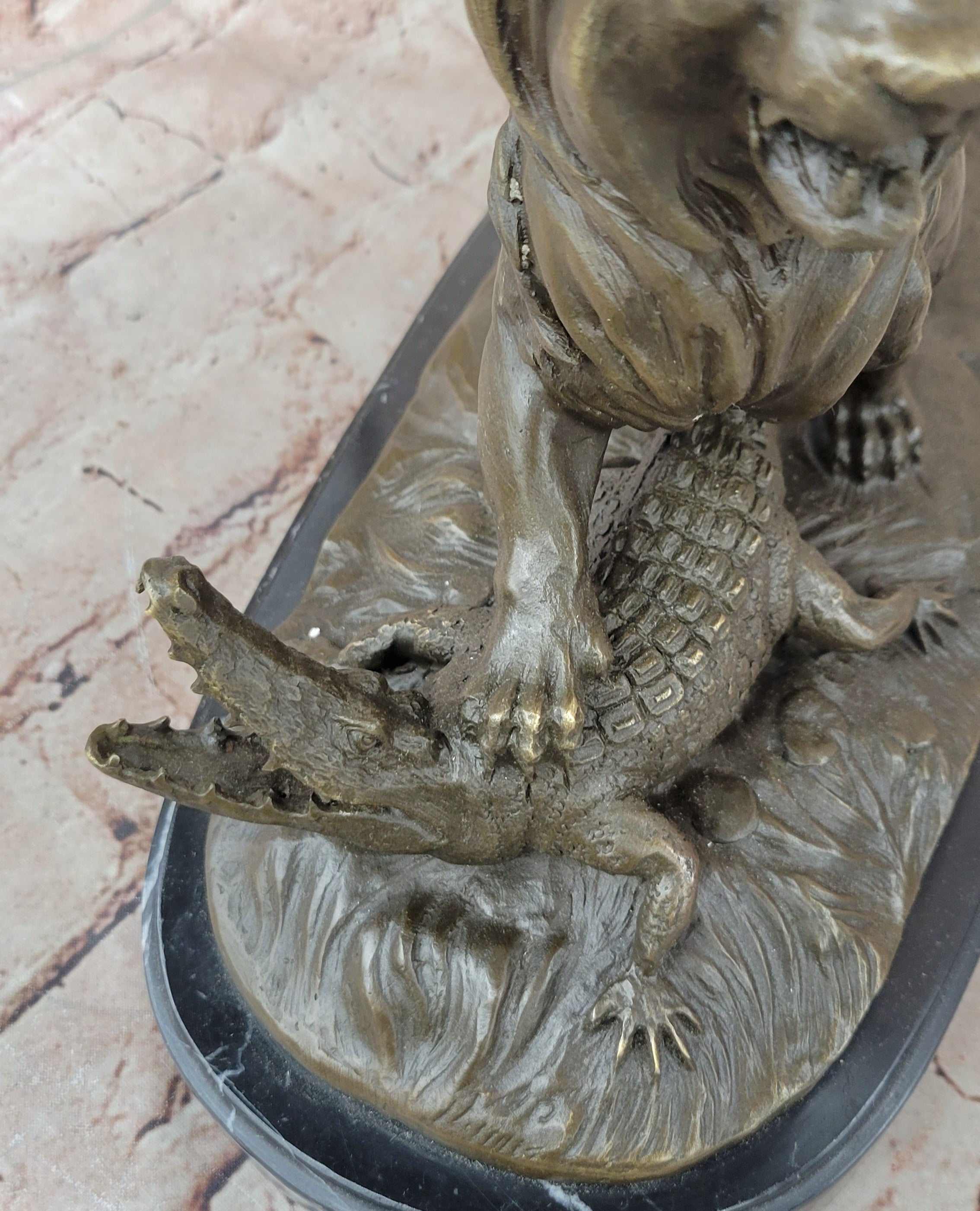 Majestic Bronze Lion vs Crocodile Statue by Delabrierre; Wildlife Showdown on Marble Base