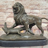 Majestic Bronze Lion vs Crocodile Statue by  Delabrierre; Wildlife Showdown on Marble Base
